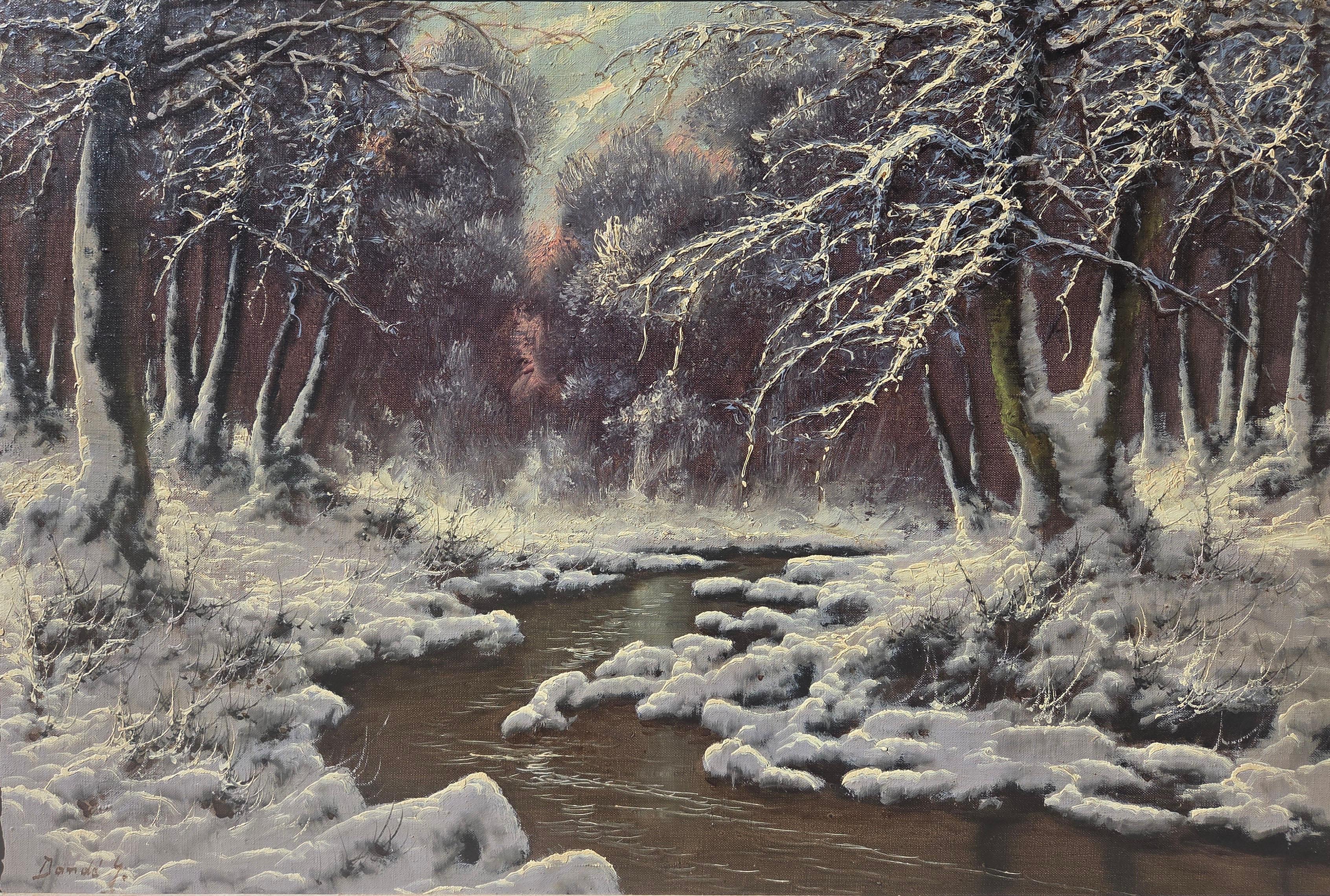 Canvas Size: 24 x 37 inches
Frame Size: 33 x 45 inches.
Signed, lower left: "Dande J."

This dark and emotional landscape painting, captures the stark beauty of a snow-laden forest in Hungary at twilight. The scene is surrounded by tall, dark tree
