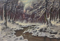 "Winter Forest Scene with Creek" Large Oil on Canvas Landscape Painting of Snow