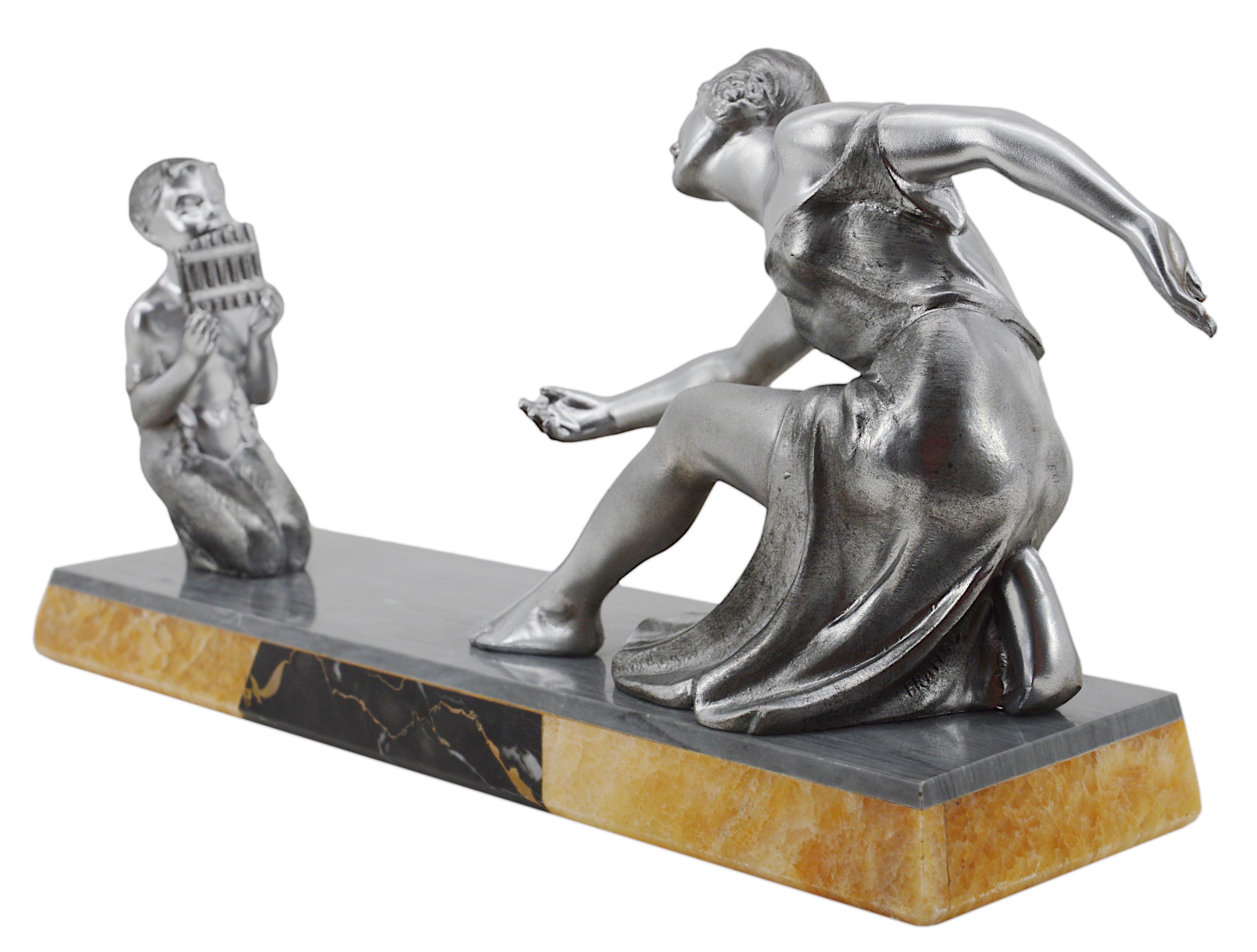 Early 20th Century Joseph D'Asté French Art Deco Young Lady & God Pan Sculpture, 1920s For Sale