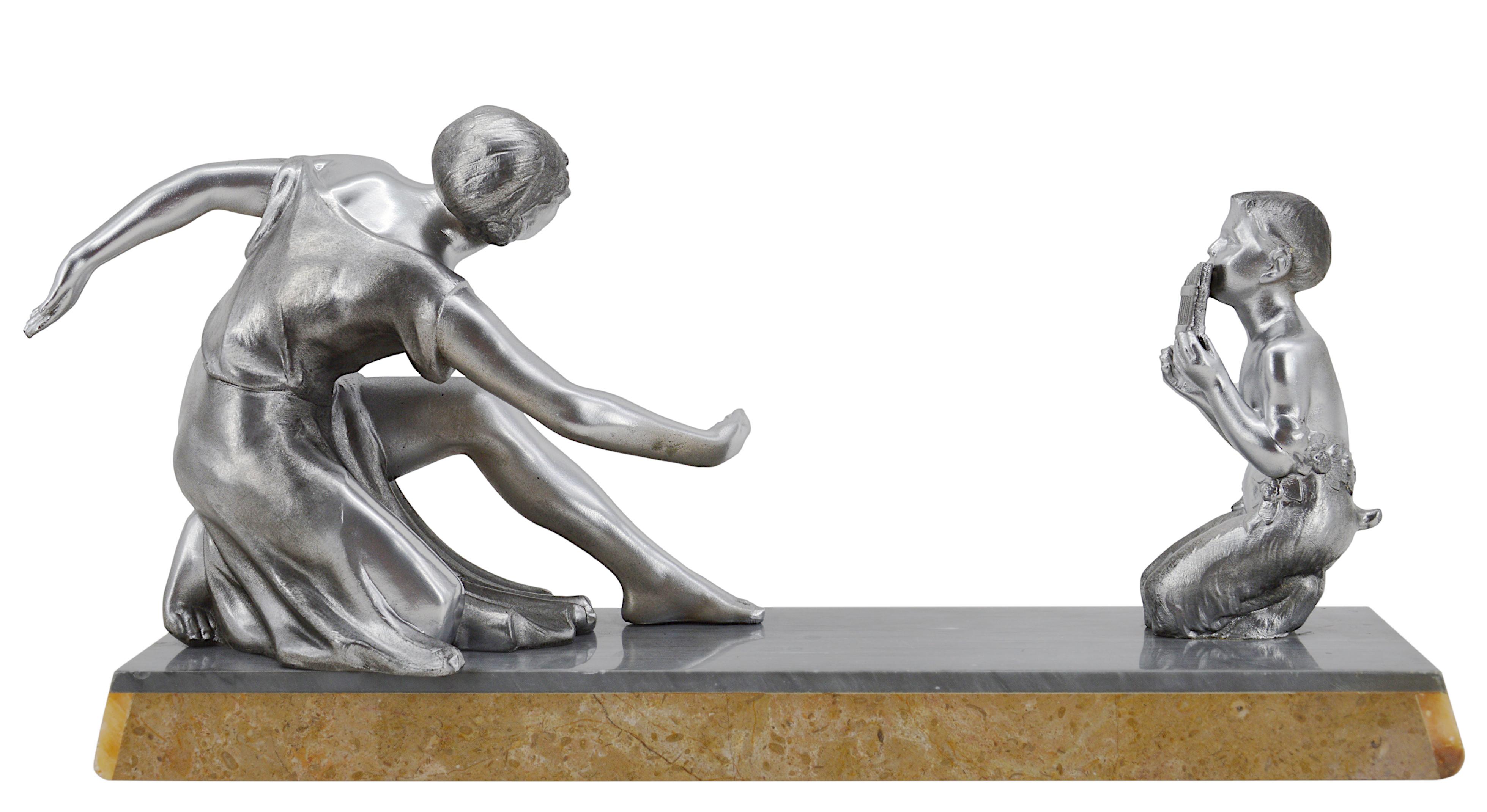 Joseph D'Asté Französische Art Deco Skulptur Junge Dame und Gott Pan, 1920er Jahre (Zink) im Angebot