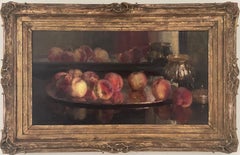 Nature morte de pêches, peinture à l'huile sur toile de Joseph De Belder, Belgique