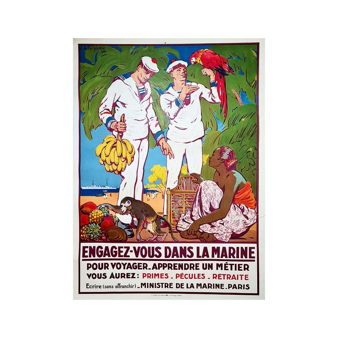 Originalplakat von Joseph Daviel de la Nézière für die Einberufung zur französischen Marine – Print von Joseph de la Neziere