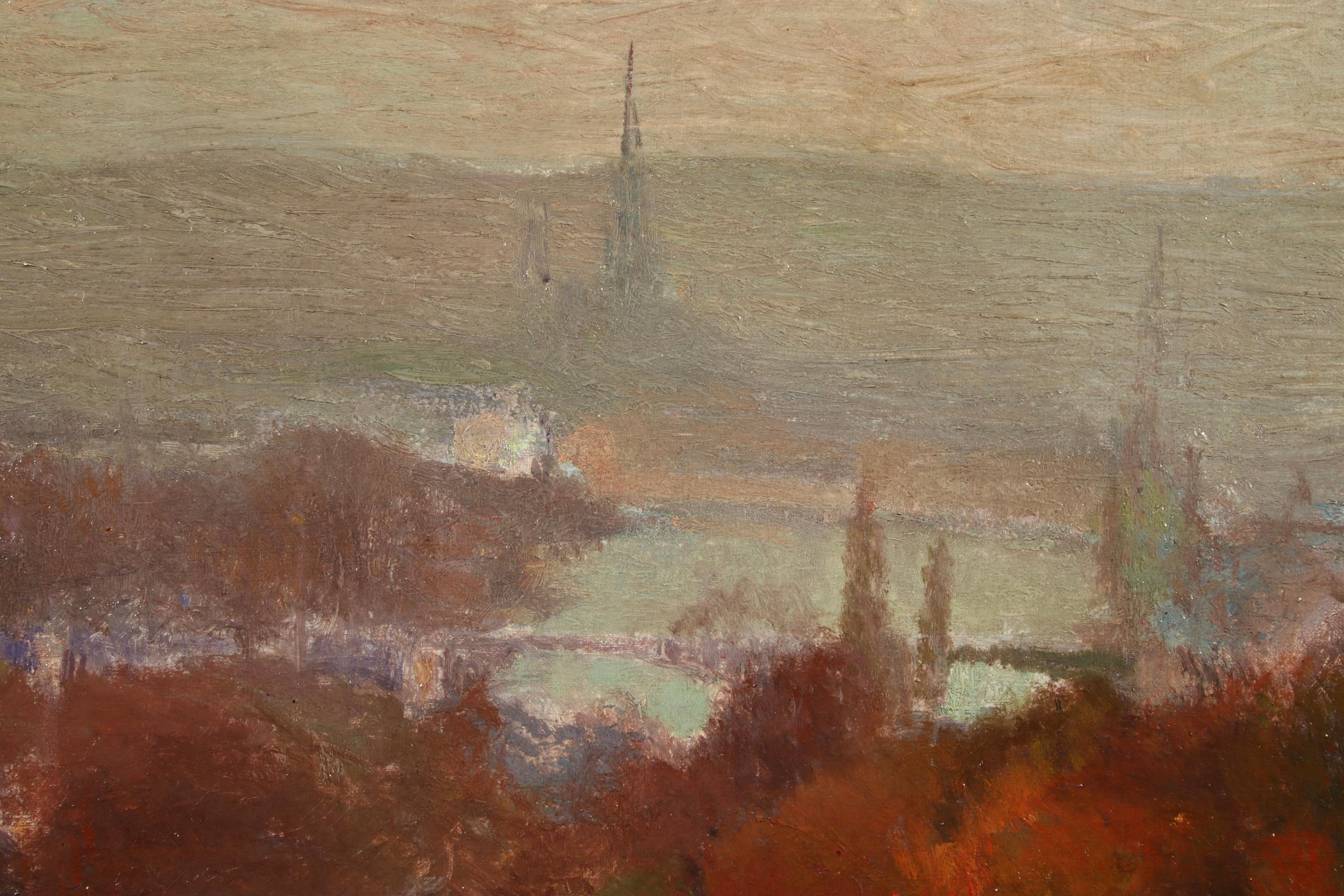 Morning Fog - Rouen - Impressionist Oil, River in Landscape by Joseph Delattre 2