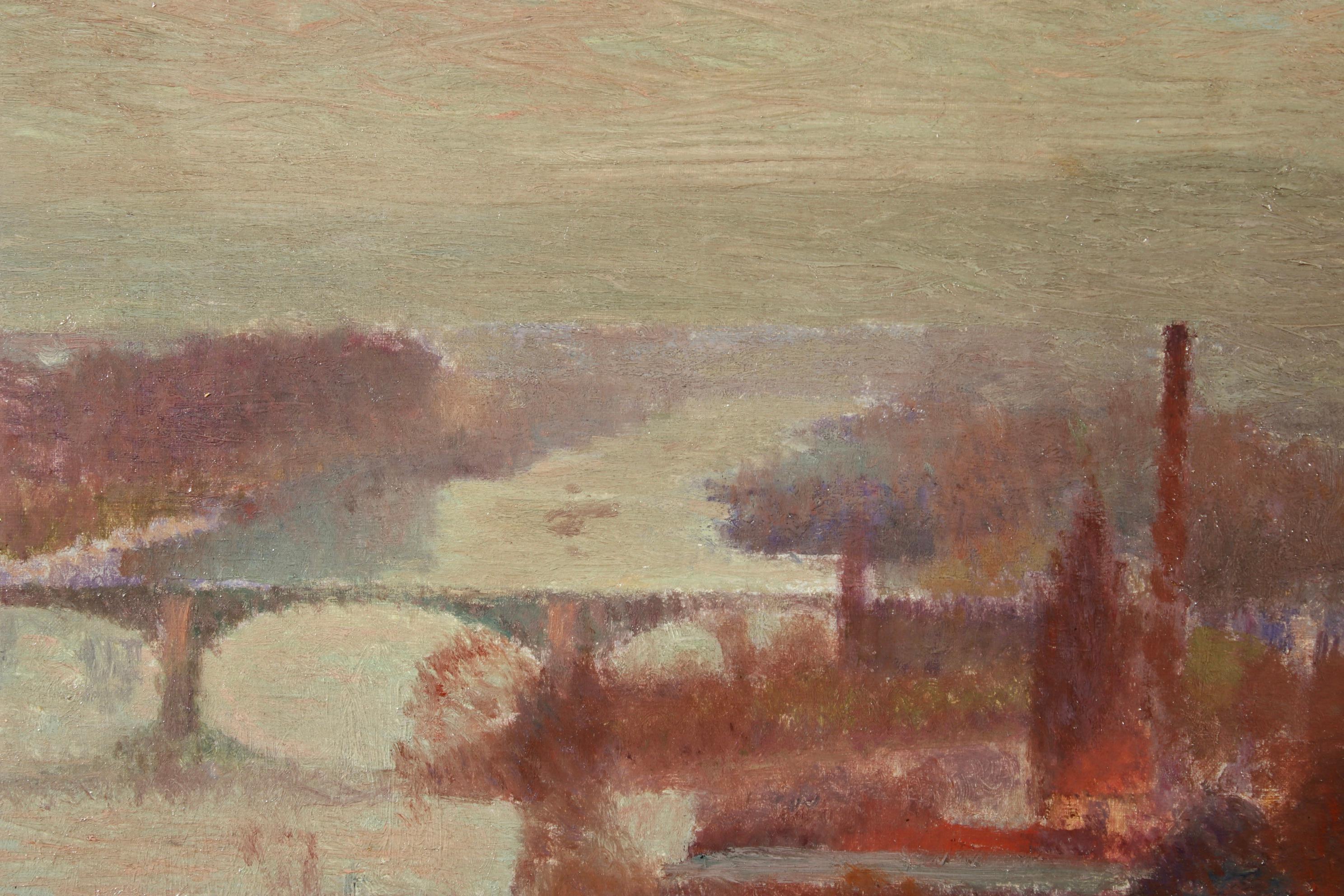 Morning Fog - Rouen - Impressionist Oil, River in Landscape by Joseph Delattre 3