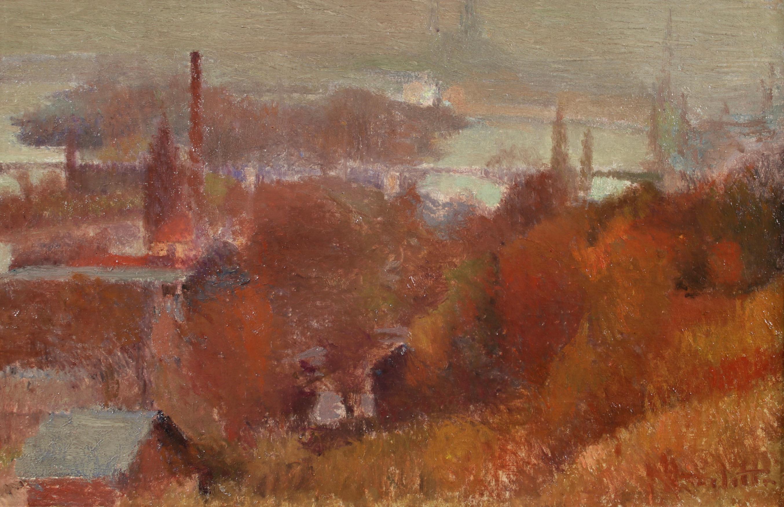 Morning Fog - Rouen - Impressionist Oil, River in Landscape by Joseph Delattre 6
