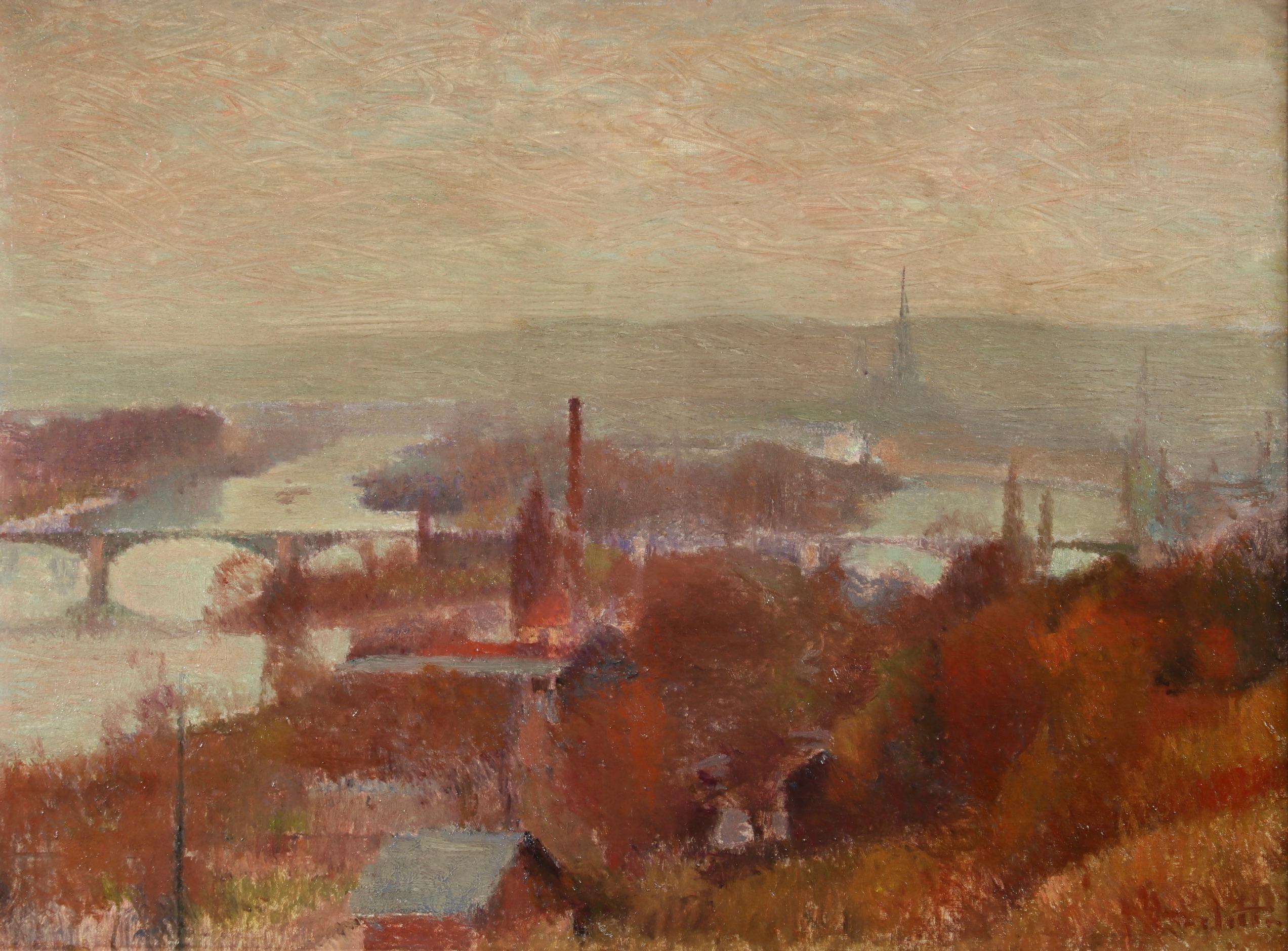 A beautifully brushed oil on canvas circa 1895 by French Impressionist painter Joseph Delattre. The piece depicts of a view of a bridge over the River Seine in Rouen, France with autumnal trees in oranges and reds in the foreground and the Spire of