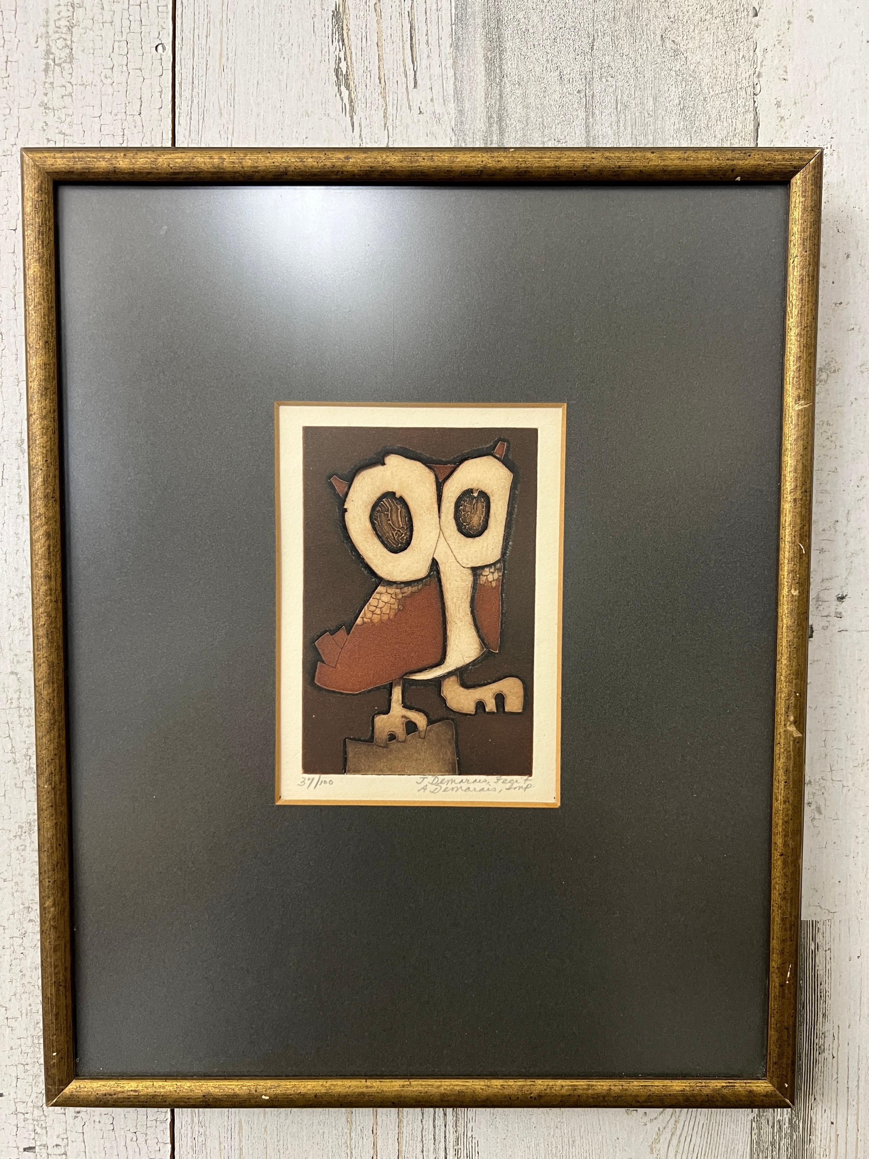 Joseph Demarais Limited Edition Owl Print- Signed. This artist has very unique designs thats he is well known for. He developed an influential process for creating dimensional intaglio-relief prints, building up the surface of the zinc, copper,