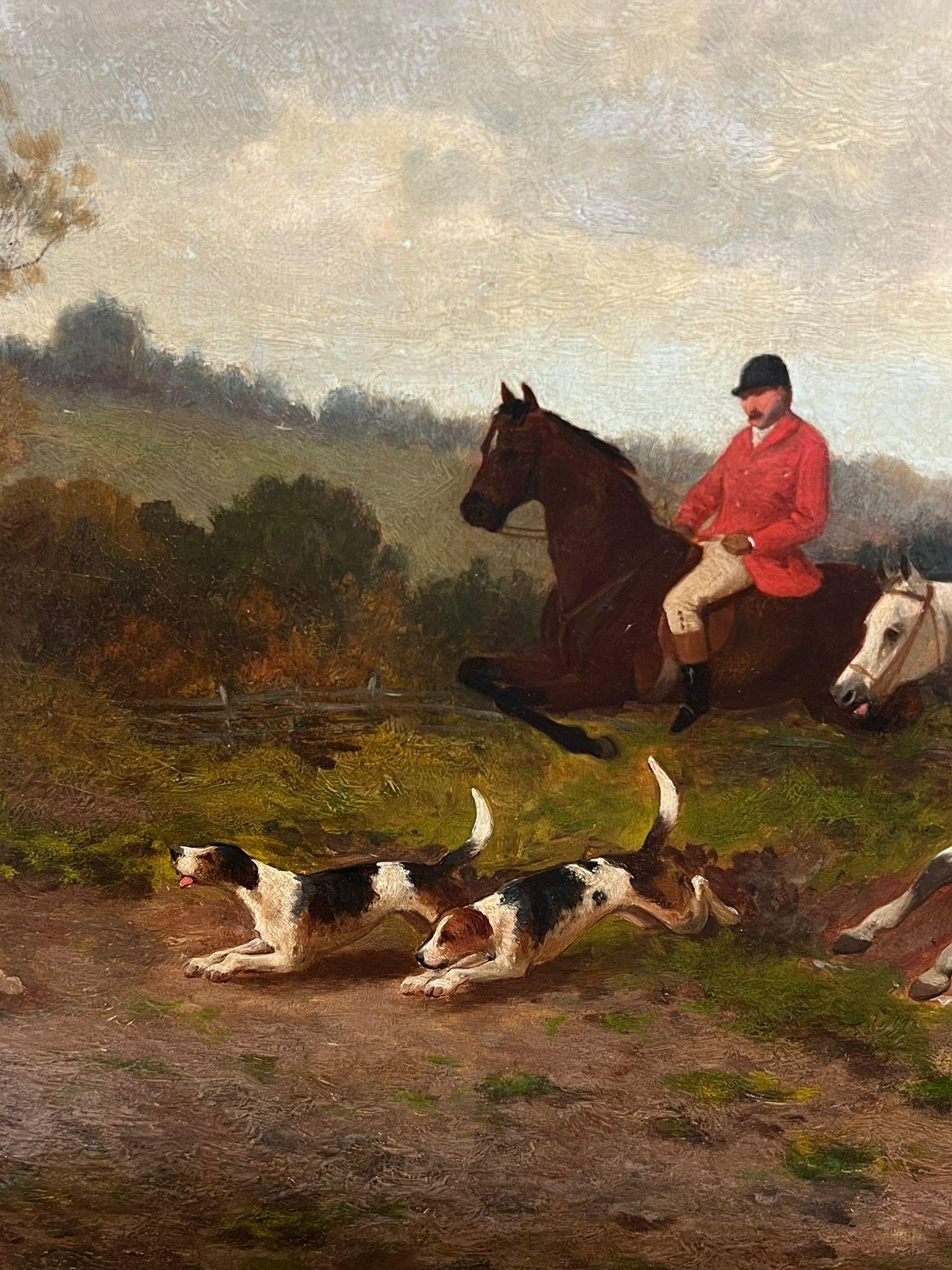 Siglo XIX Escena de caza inglesa con jinetes y sabuesos Pintura al óleo enmarcada 6