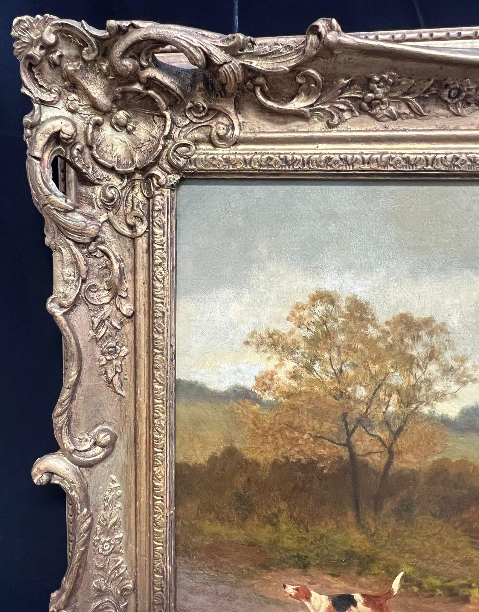 Siglo XIX Escena de caza inglesa con jinetes y sabuesos Pintura al óleo enmarcada 7