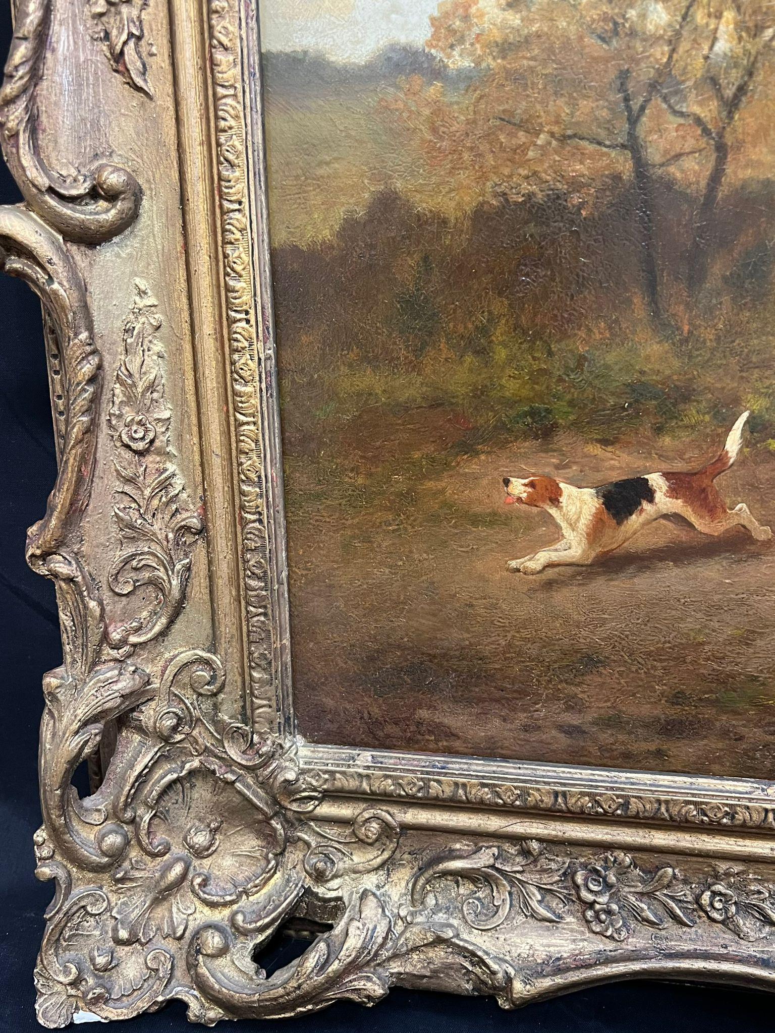 Siglo XIX Escena de caza inglesa con jinetes y sabuesos Pintura al óleo enmarcada 9