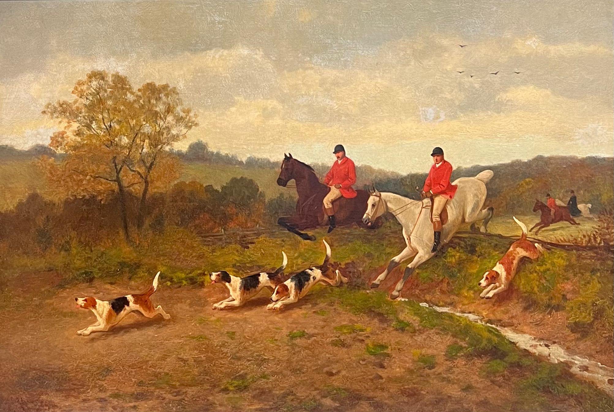 Siglo XIX Escena de caza inglesa con jinetes y sabuesos Pintura al óleo enmarcada - Painting de Joseph Denovan Adam
