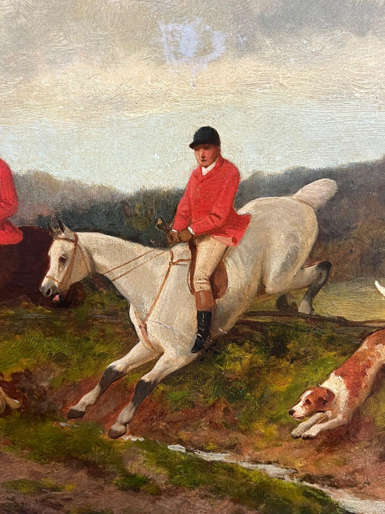 Siglo XIX Escena de caza inglesa con jinetes y sabuesos Pintura al óleo enmarcada - Painting Victoriano de Joseph Denovan Adam
