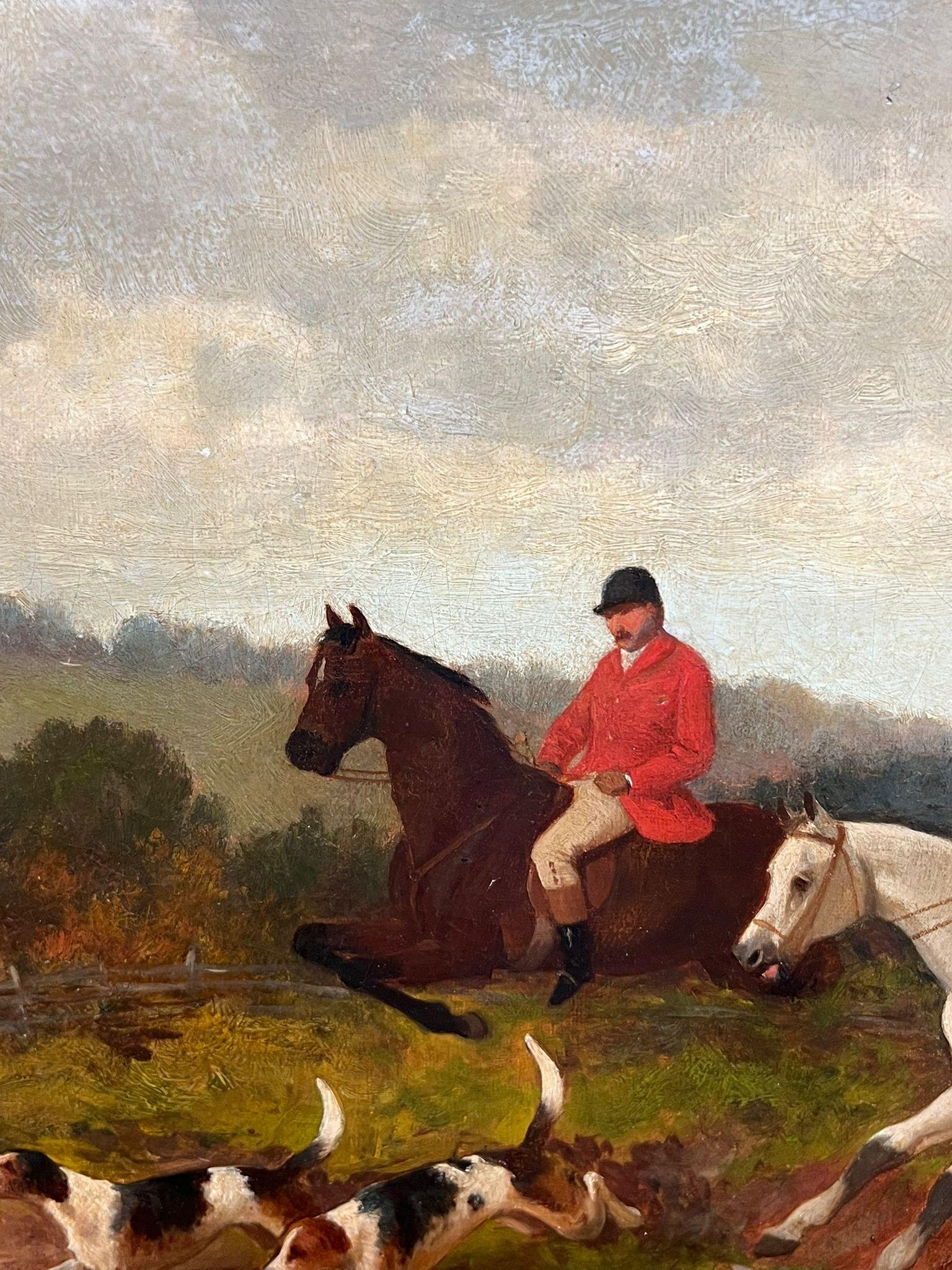 Siglo XIX Escena de caza inglesa con jinetes y sabuesos Pintura al óleo enmarcada 1
