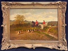 19th Century English Hunting Scene with Riders and Hounds Framed Oil Painting