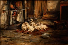 "Camada de cachorros junto al fuego" Joseph Denovan Adam RSA RSW (británico, 1842-1896)