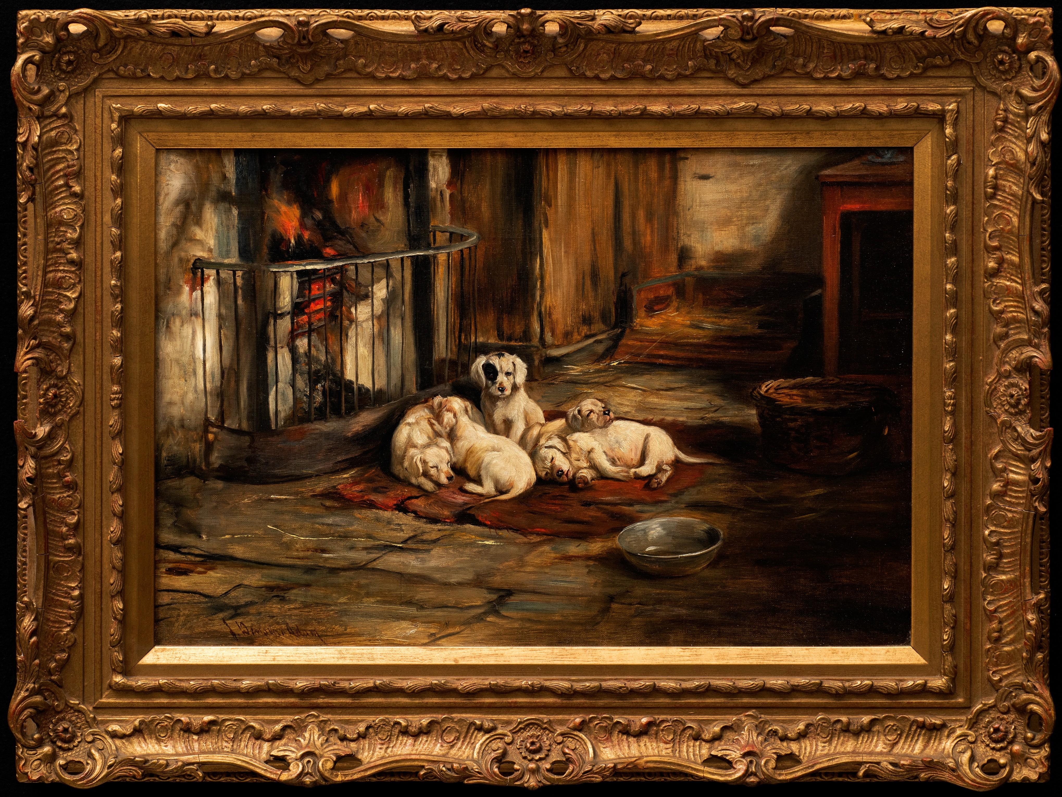 "Ein Wurf Welpen am Feuer" 
Joseph Denovan Adam RSA RSW (Brite, 1842-1896)
Öl auf Leinwand
Signiert 'J.Denovan Adam' (unten links)
13 ¾ x 20 ¼ (21 ¼ x 28 Rahmen)
Provenienz
Anon. Verkauf, Sotheby's, Billingshurst, 25. Mai 1994, Los 318.
The Bourne