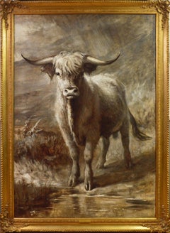 Antique The Highlander - 19th Century Portrait Oil Painting of Scottish Highland Bull