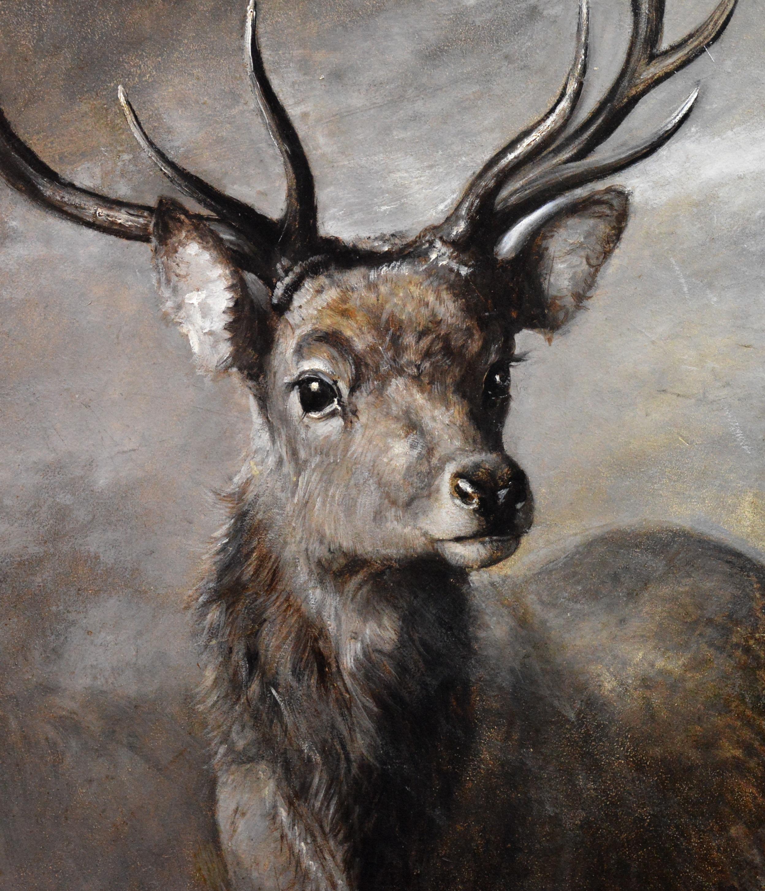 The Young Pretender - Huge 19th Century Scottish Oil Painting of Highland Stag - Brown Landscape Painting by Joseph Denovan Adam