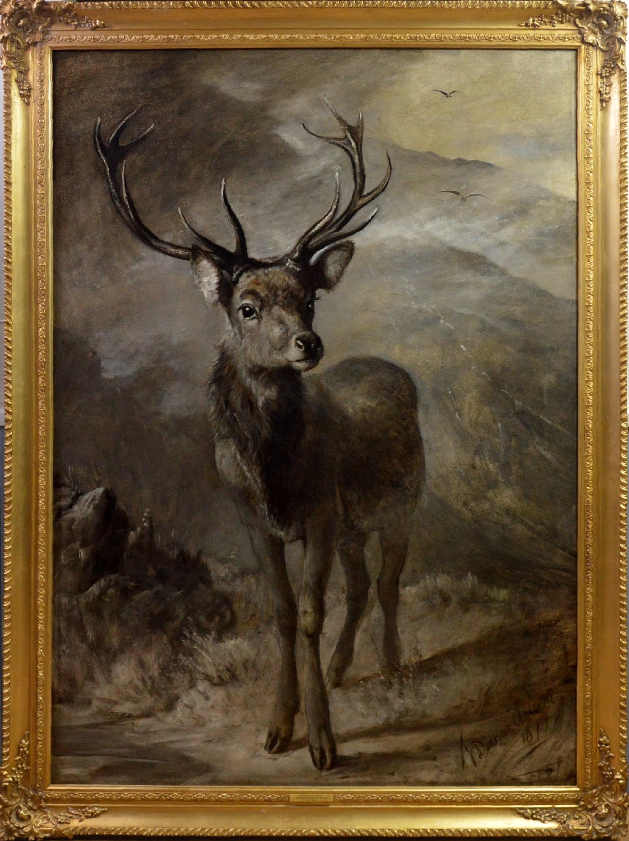Joseph Denovan Adam Landscape Painting - The Young Pretender - Huge 19th Century Scottish Oil Painting of Highland Stag