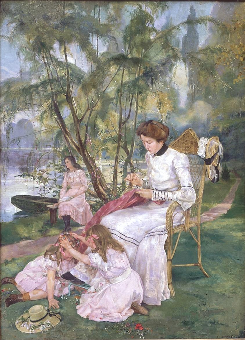 A "genre" painting representing a mother supervising her two small daughters at the Park.

Oil on canvas signed bottom right Joseph Dierickx and dated 1903.

Dierickx Joseph (1865-1959) Belgian School
A pupil of Jean Portaels and Joseph Stallaert.