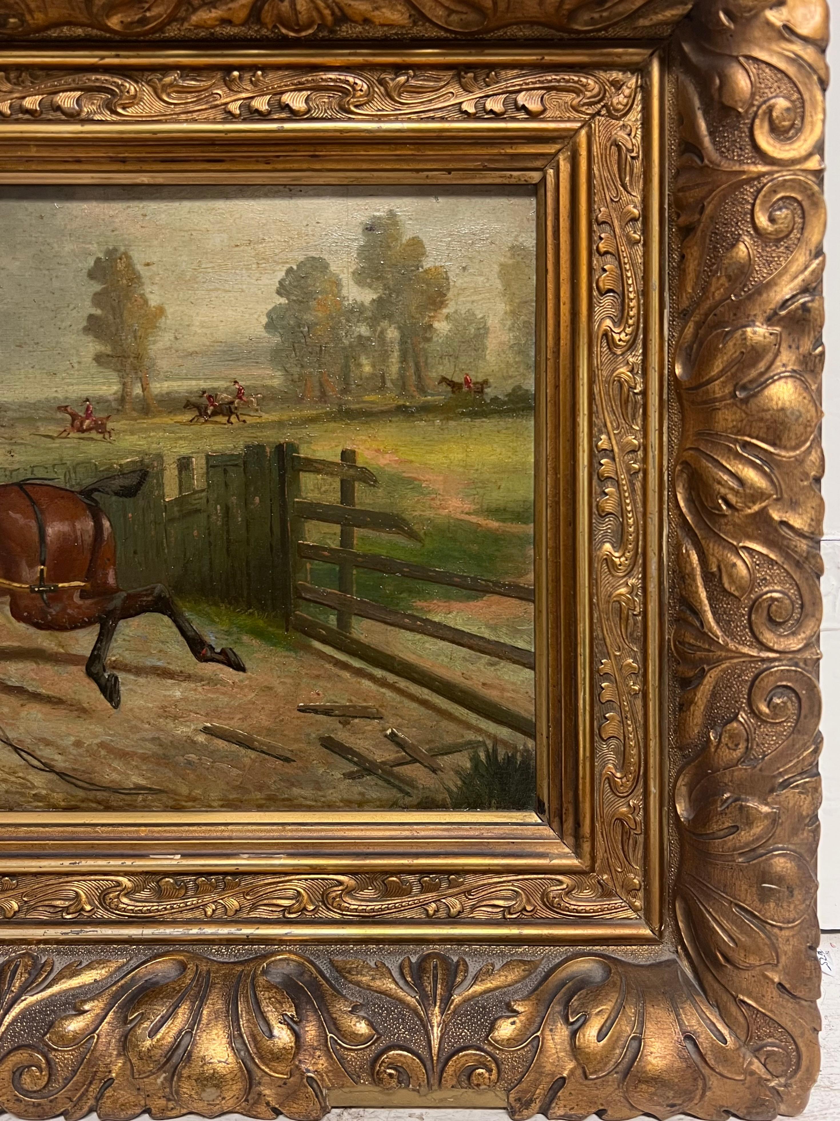 Victorian English Hunting Scene Horse & Riders in British Landscape Signed Oil For Sale 1