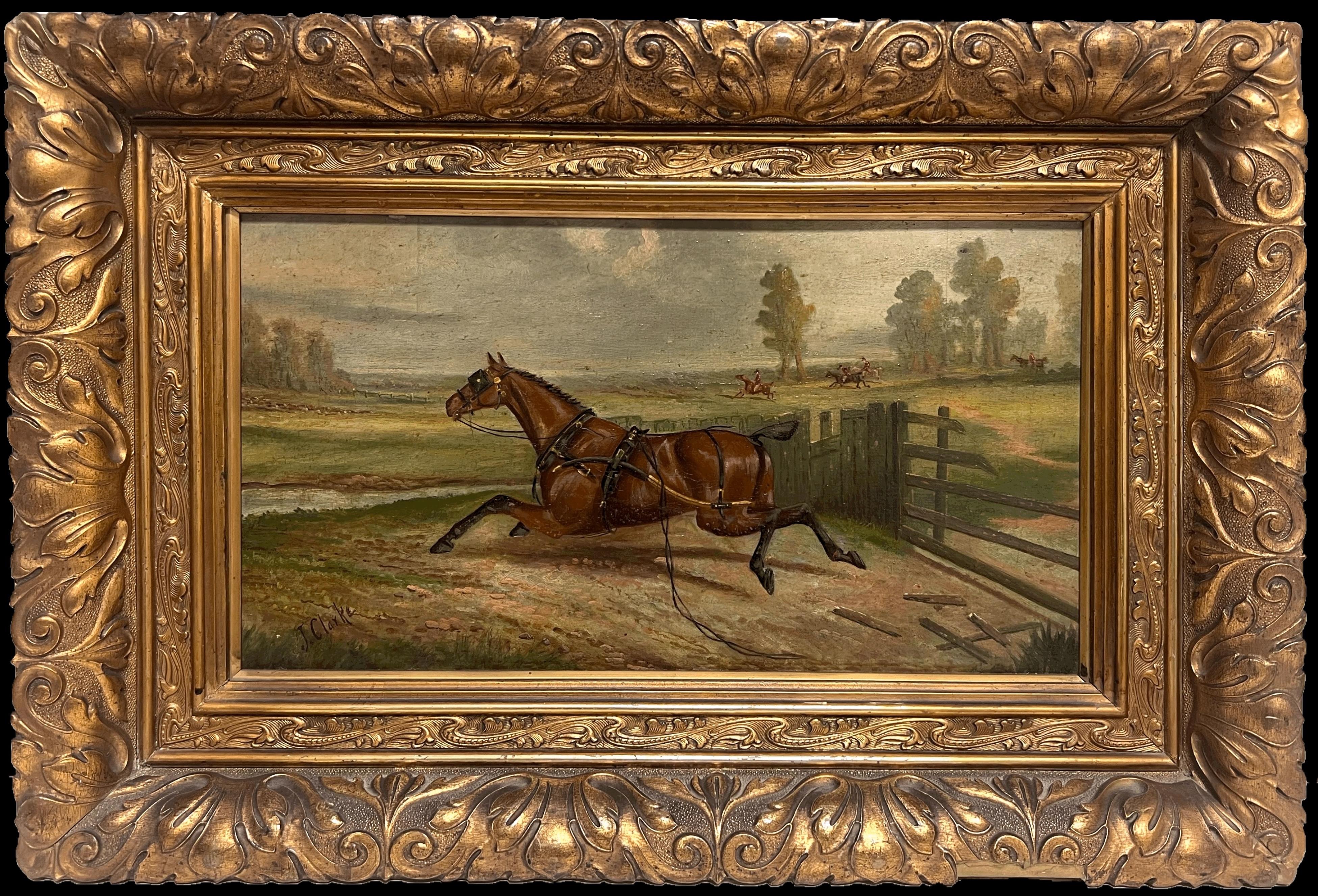 Joseph Dixon Clark Portrait Painting - Victorian English Hunting Scene Horse & Riders in British Landscape Signed Oil