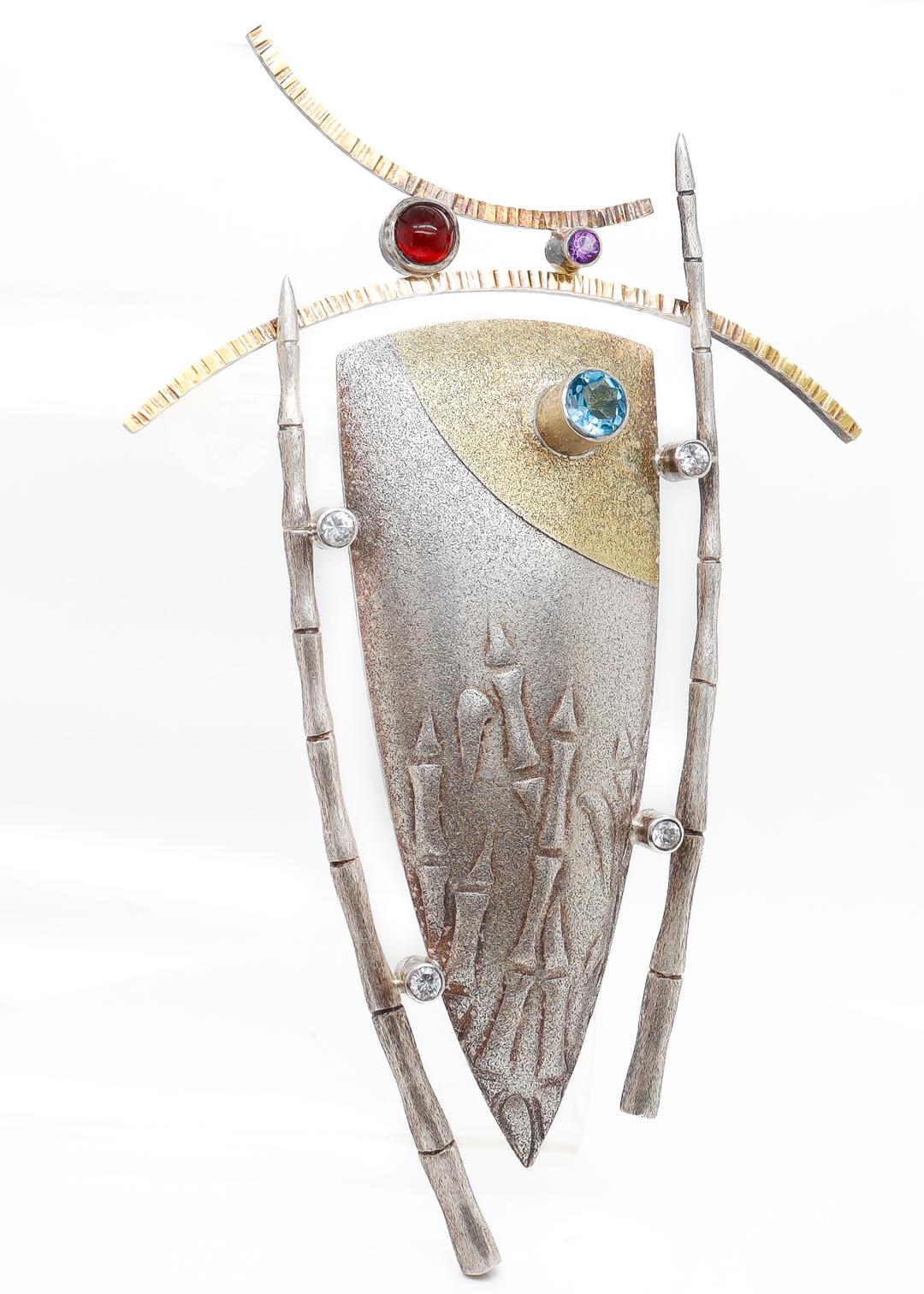 Joseph Downs Signed Modernist Gilt Sterling Silver & Multi-Gemstone Brooch In Good Condition For Sale In Philadelphia, PA
