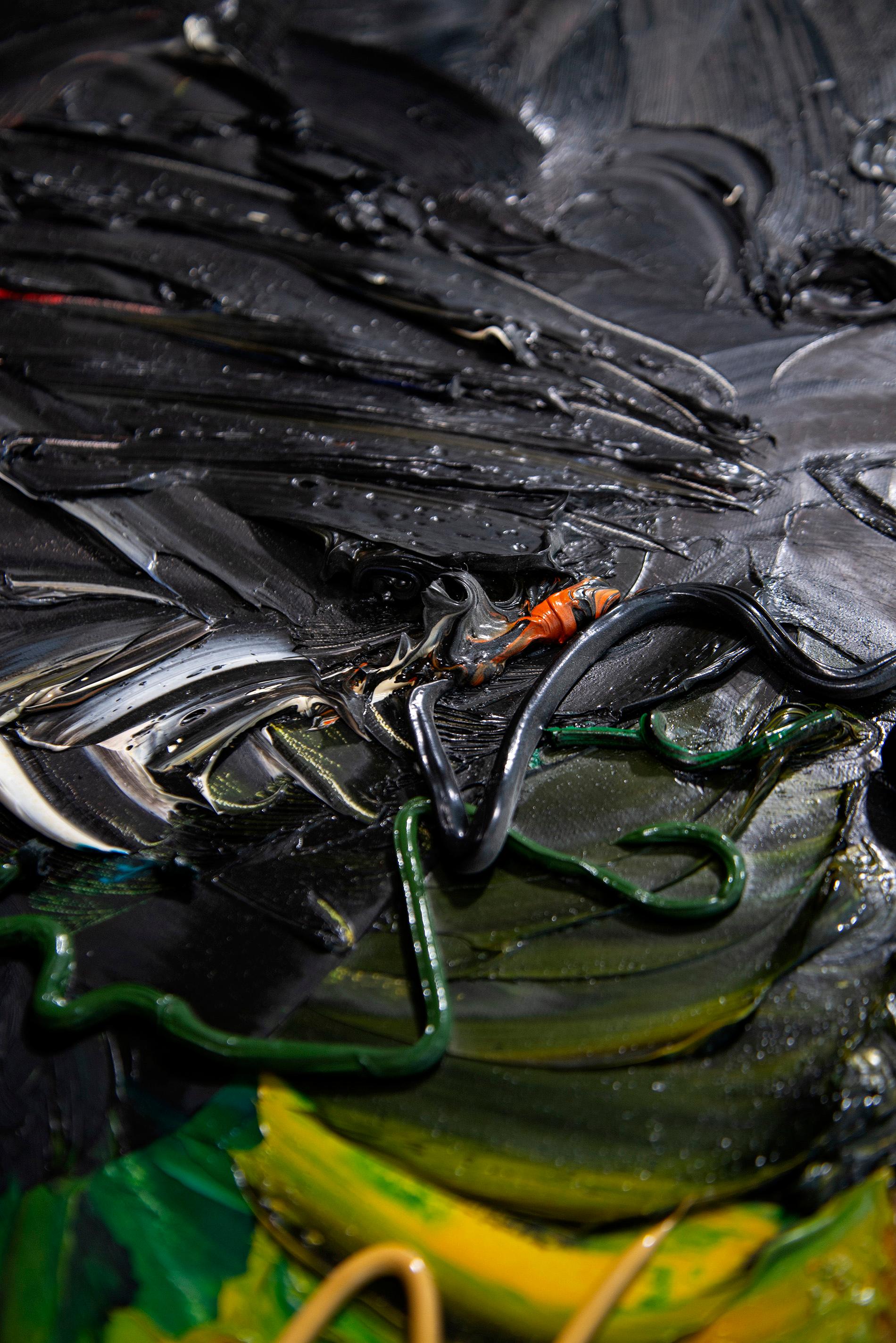 Descent of Light - rich, dark, impasto, gestural abstract, acrylic on canvas For Sale 4