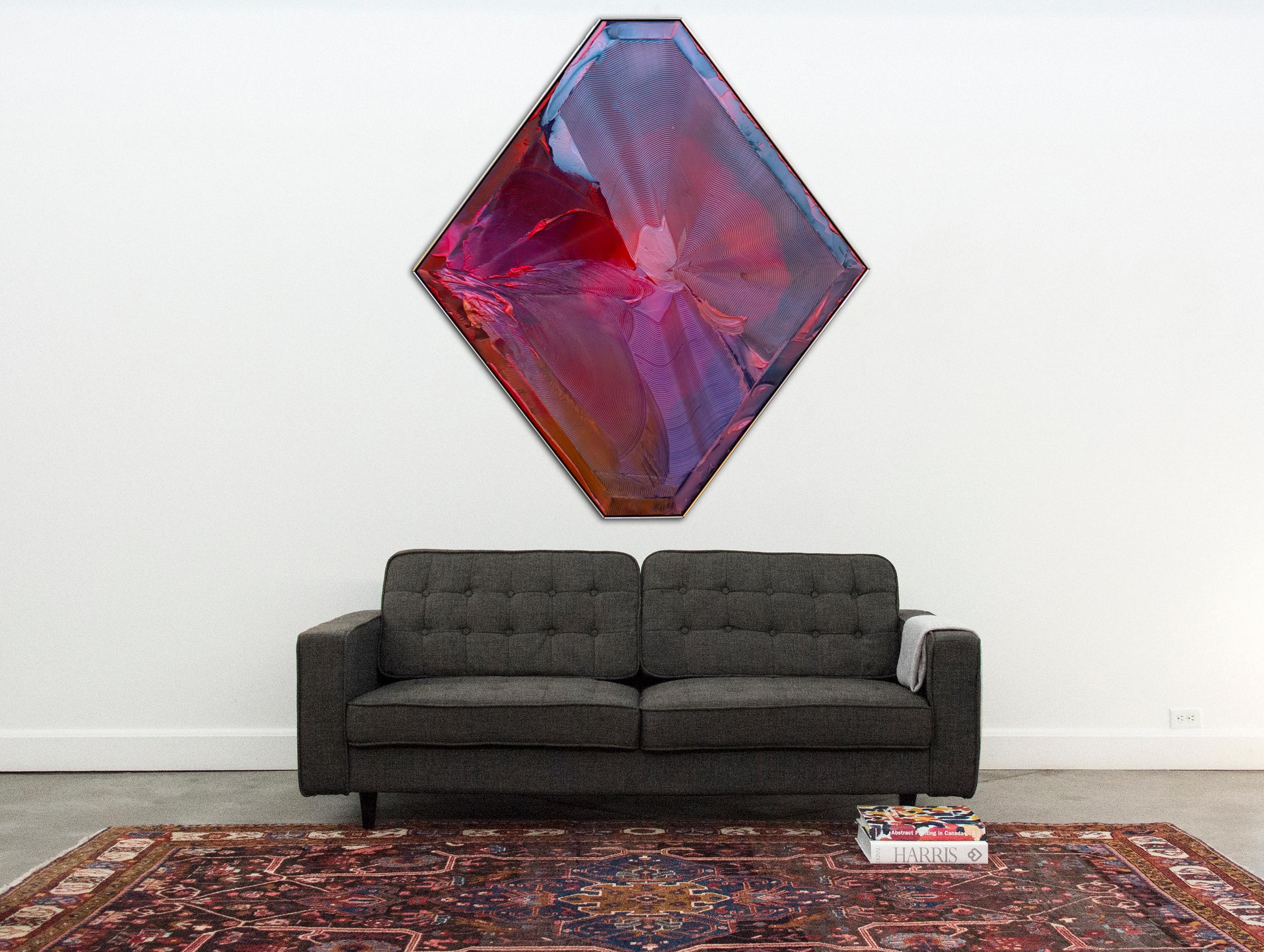 This fantastically psychedelic abstract painting by Joseph Drapell is created with acrylic paint and holographic additives. Wave-like textures ripple through the pink, purple, and blue diamond-oriented composition and are given substantial depth