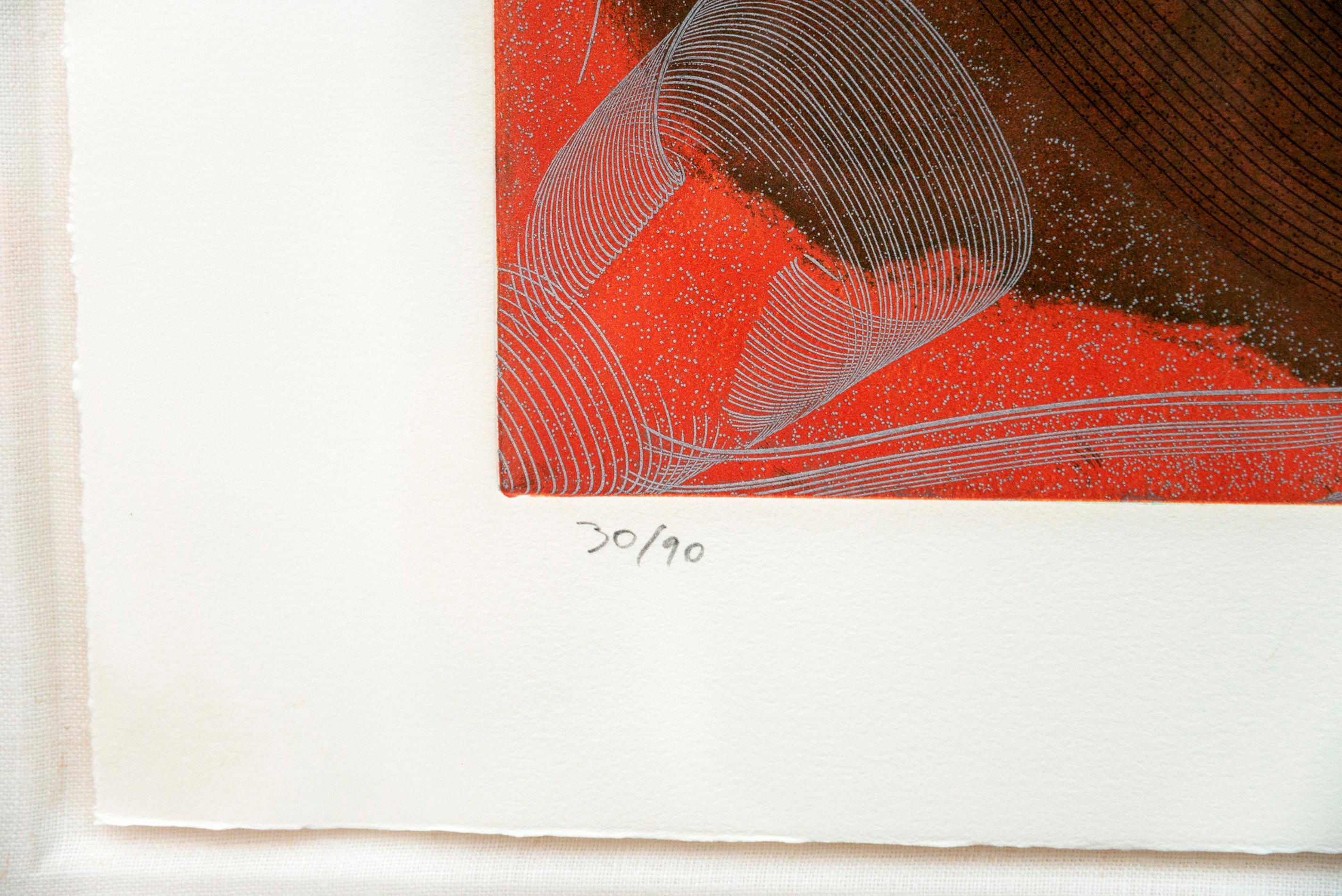 As if emulating the rhythm of a beating heart, this compelling abstract print was created by the Czech born artist Joseph Drapell. Fine concentric circles in black emanate from the green centre of this piece against a rich brown background, framed