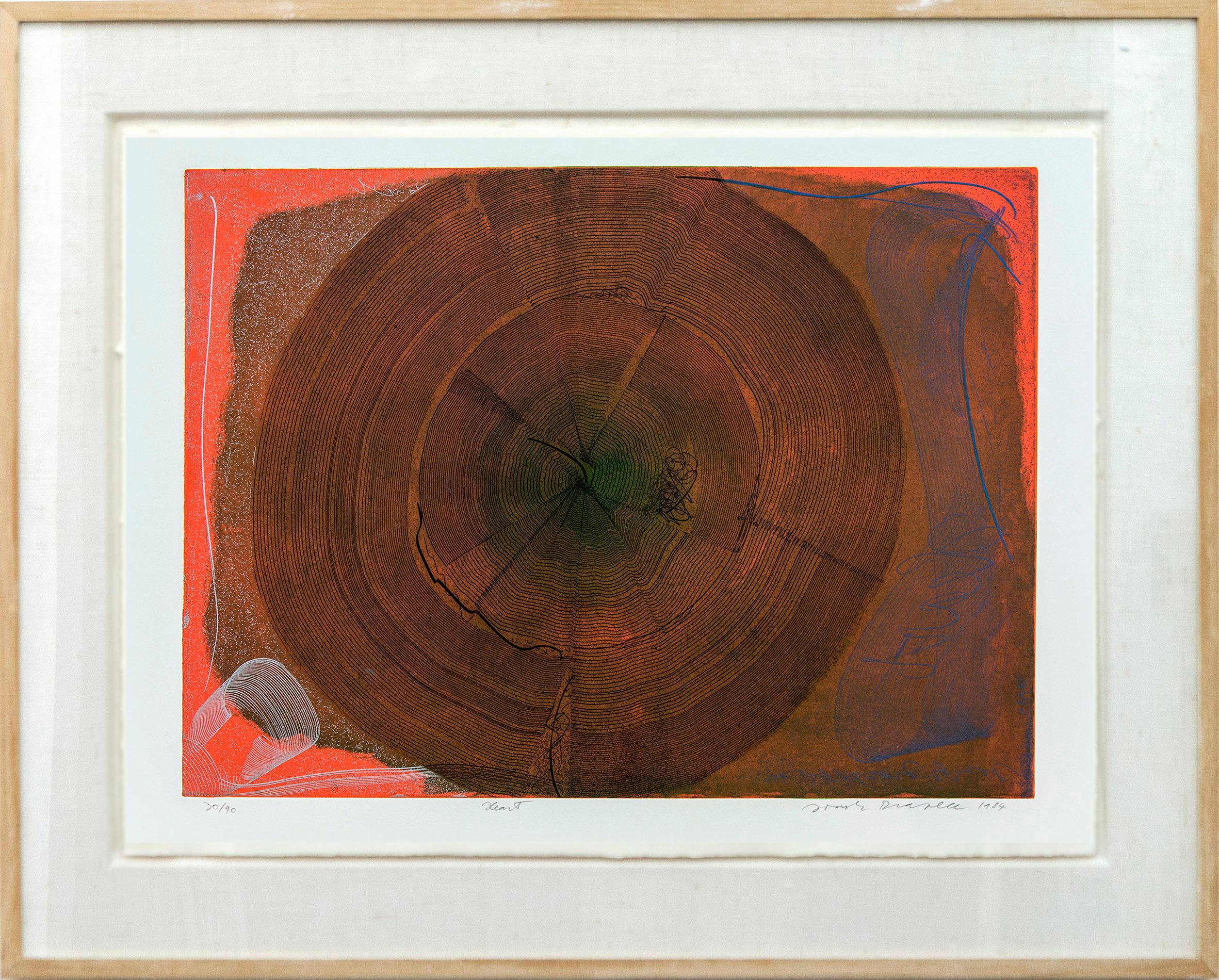 Heart 30/90 - unique, colourful, abstract, one off, framed monoprint - Print by Joseph Drapell
