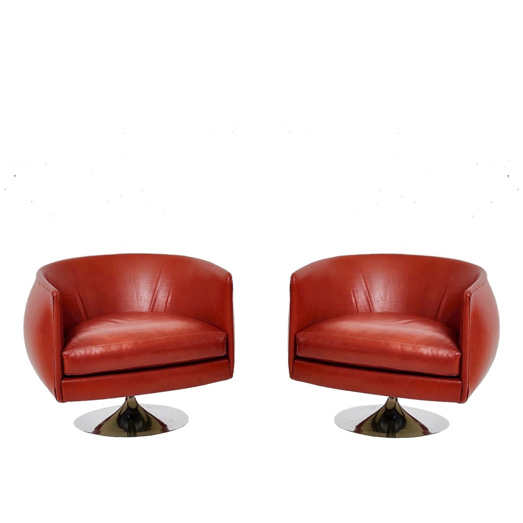 Modern Joseph D'Urso Pair Leather Swivel Lounge Chairs, Knoll, 1980