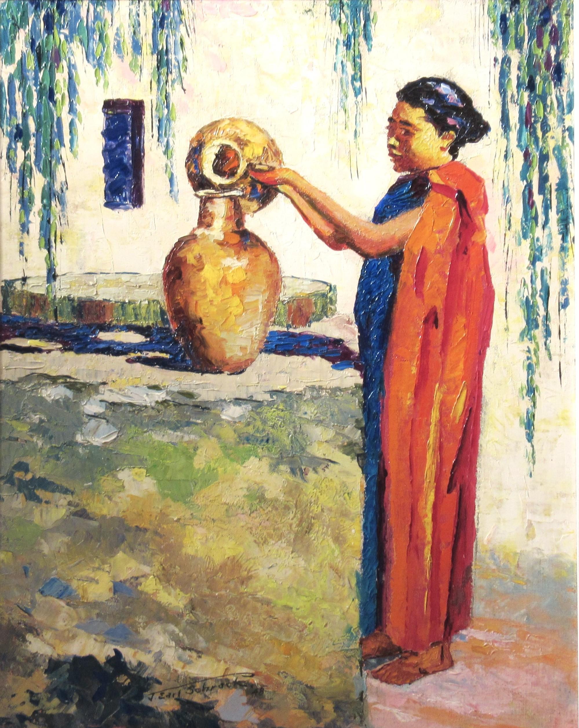 Native Woman at the Well - Painting by Joseph Earl Schrack
