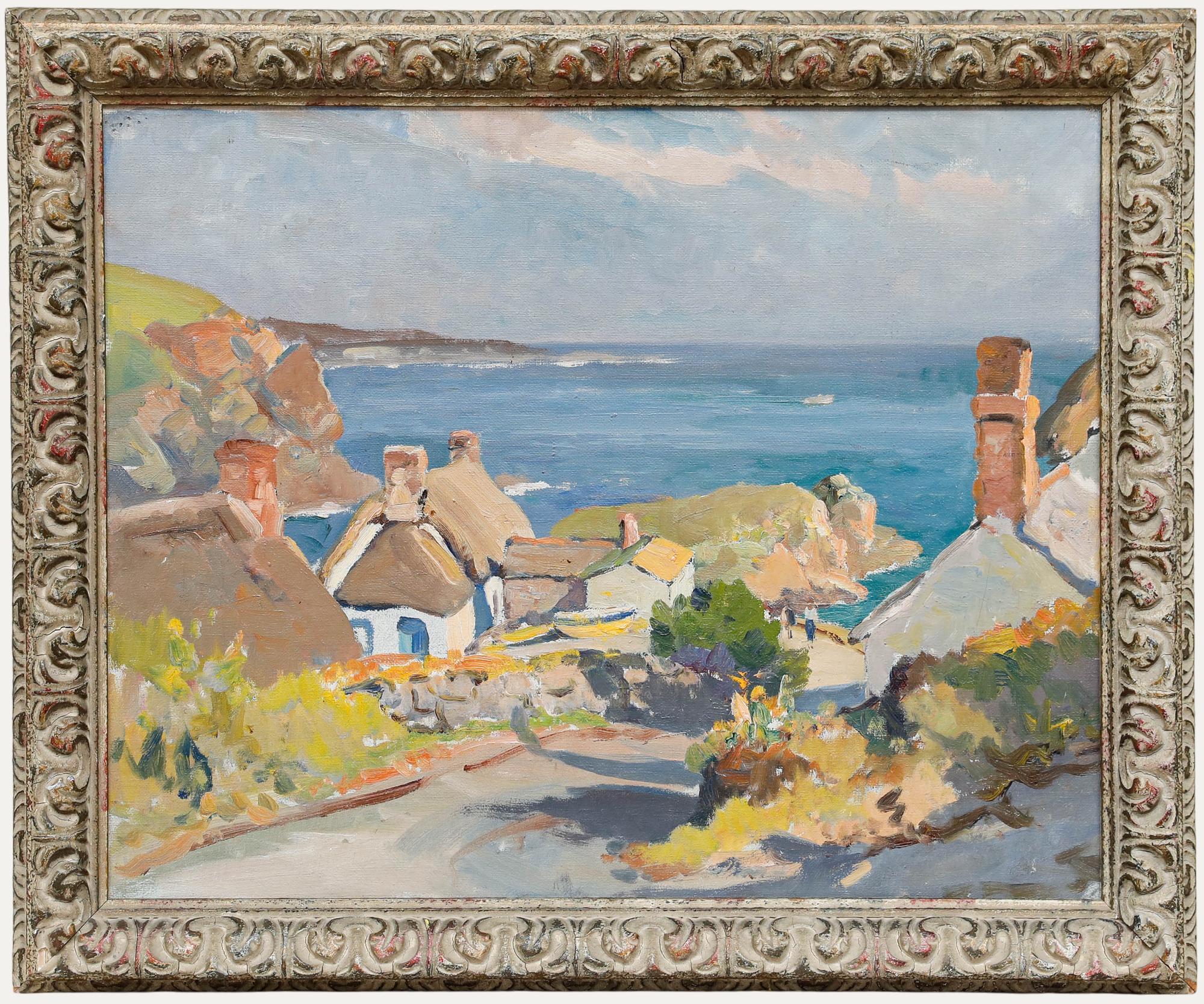 A quaint Cornish village tumbles down the hillside towards the placid bay beyond. Hennah captures the scene in soft pastel tones and impressionistic brushwork. Presented in an ornate frame with a distressed finish. Unsigned. Inscribed with the title