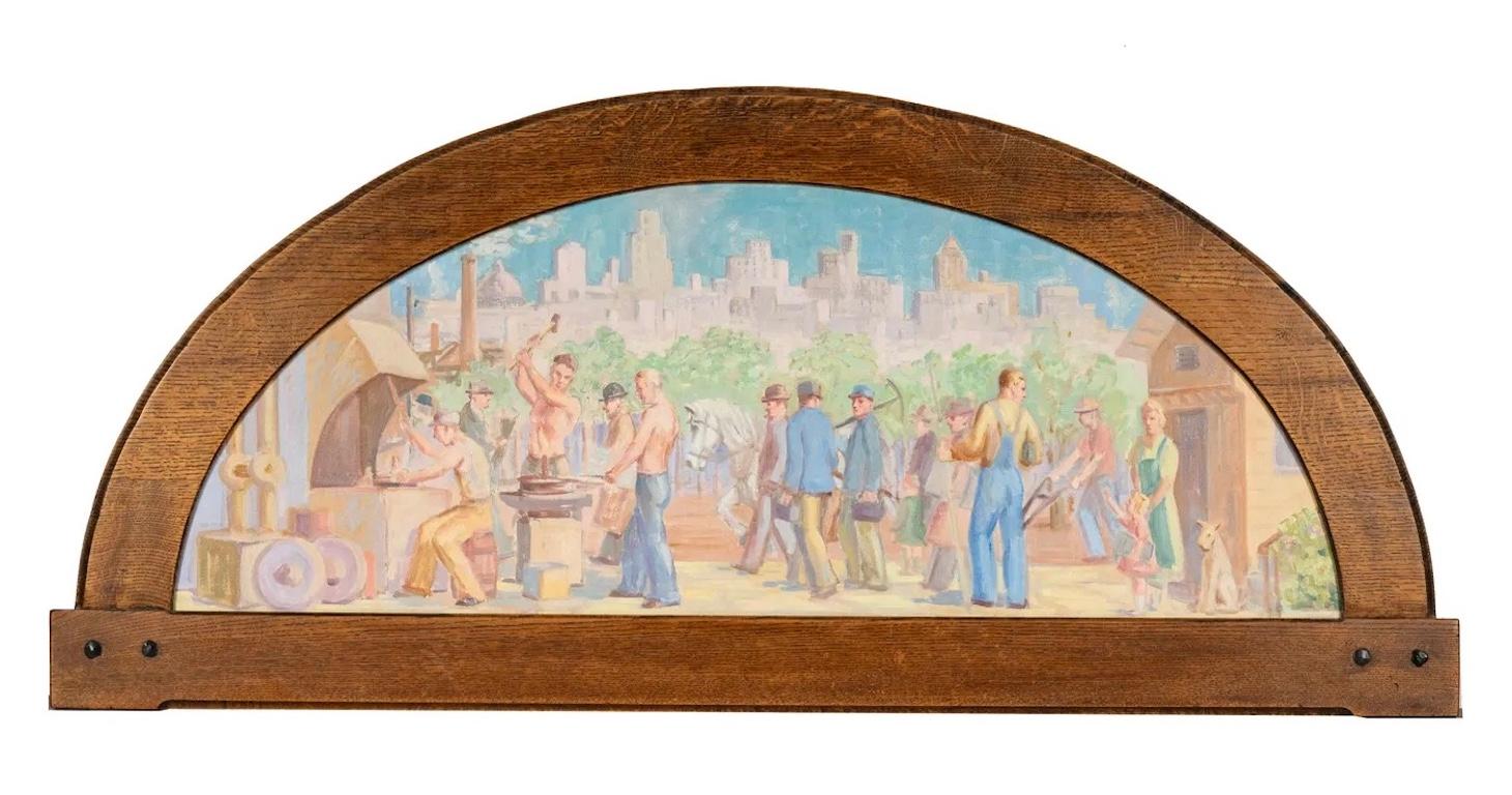 Estudio Mural Industrial, Edificio Veterans Memorial, Santa Barbara WPA Americana - Painting de Joseph Edward Knowles