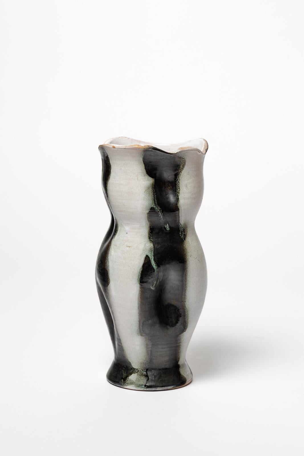 Joseph Elie 1950 20 CENTURY DESIGN vase en céramique blanc et noir fait main Excellent état - En vente à Neuilly-en- sancerre, FR