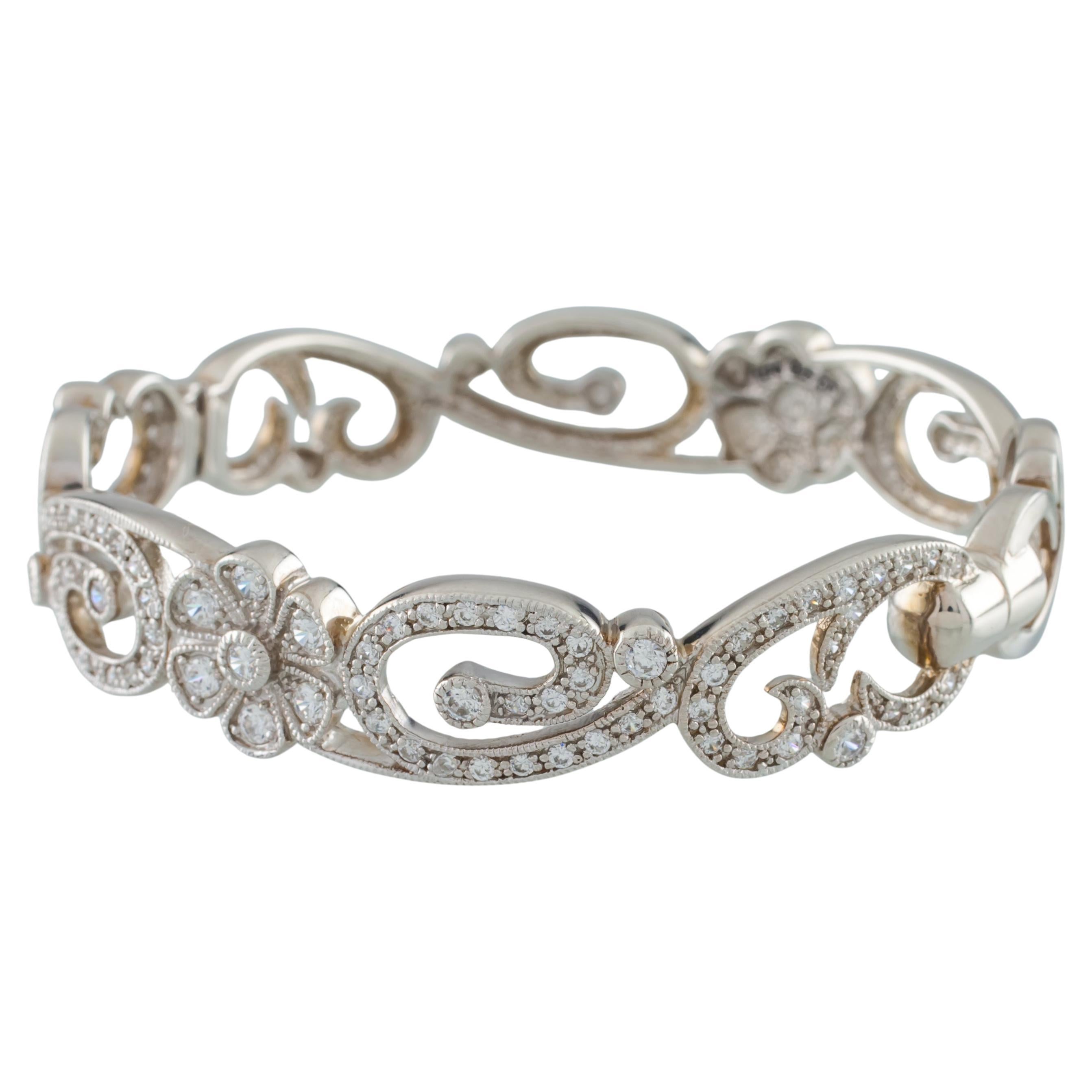 Joseph Esposito Sterling Silver & Floral CZ Bangle Bracelet, Size 7
