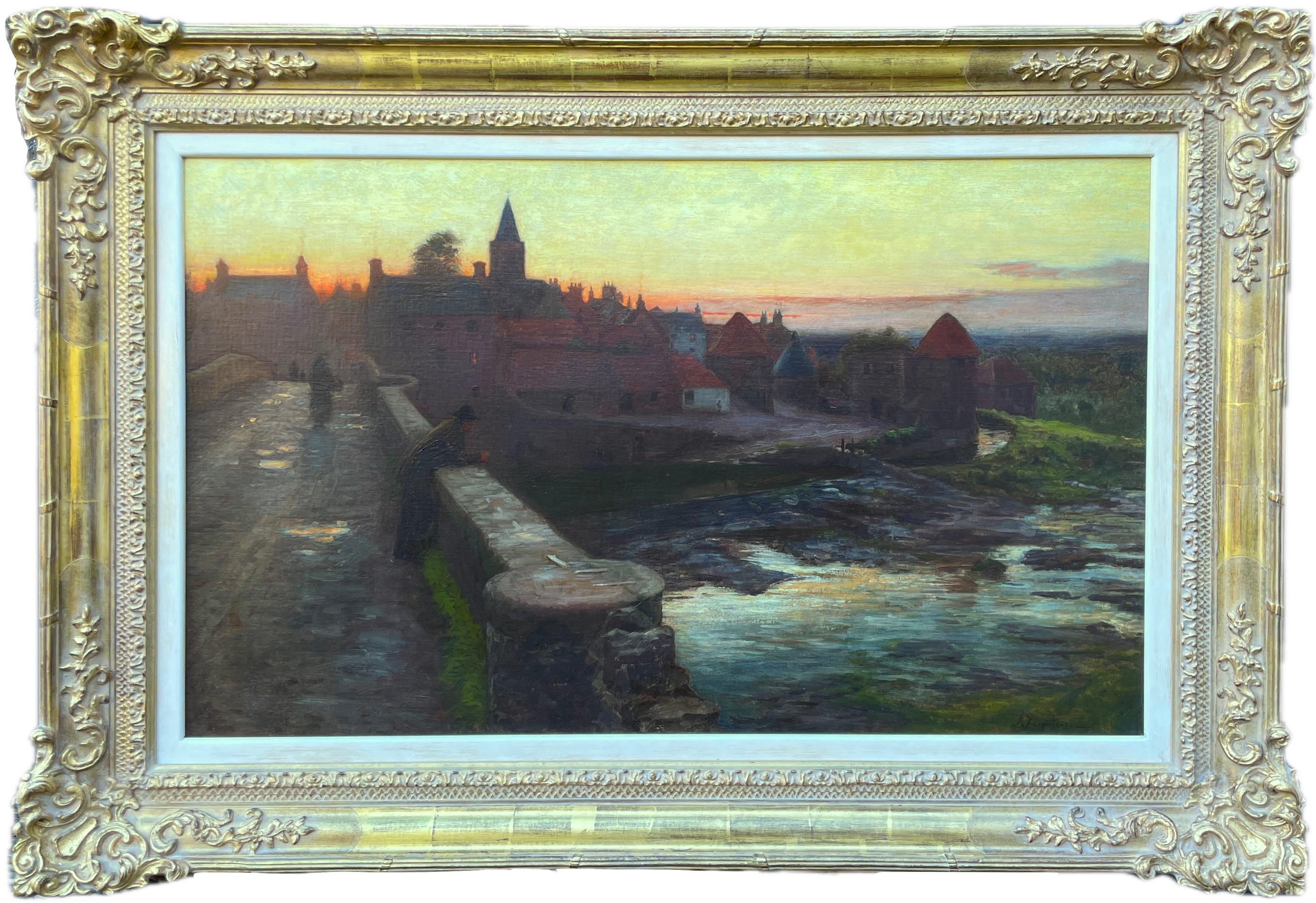Öl auf Leinwand von Joseph Farquharson RA (1846-1935)                                                        Blick auf den Sonnenuntergang über einer schottischen Townes von einer Steinbrücke aus.

Joseph Farquharson RA 4. Mai 1846 - 15. April 1935)