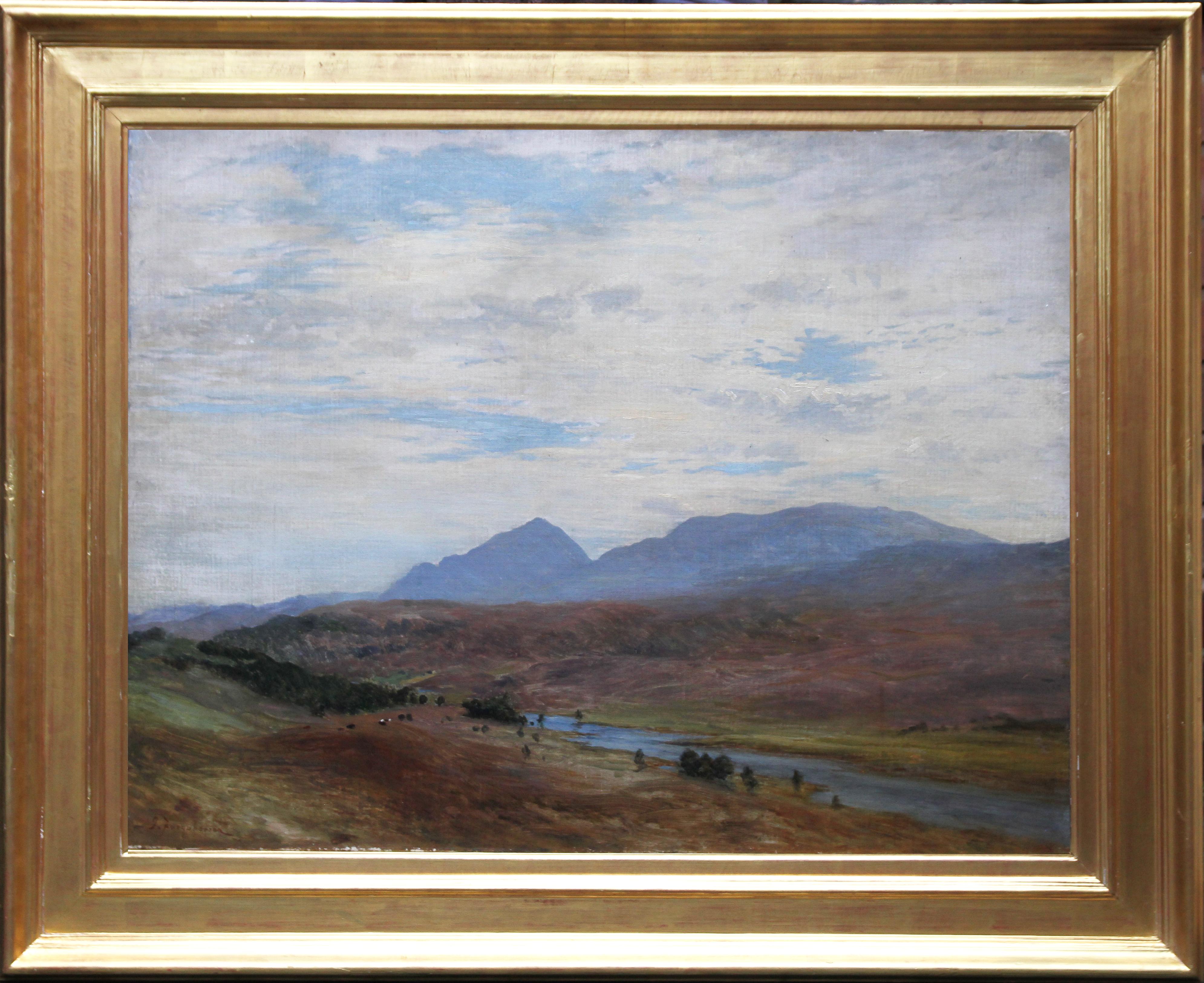 Scottish River Mountain Landscape - Victorian art oil painting exhibited artist For Sale 7