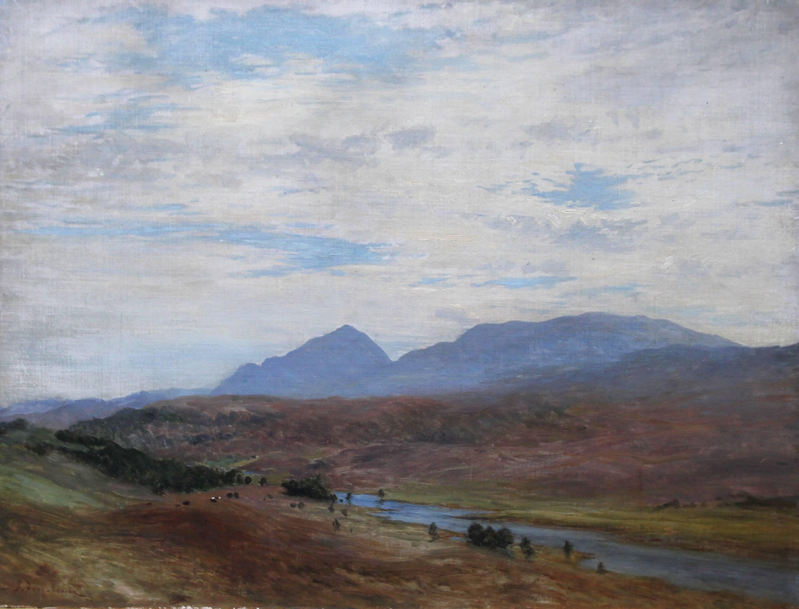 Scottish River Mountain Landscape - Victorian art oil painting exhibited artist - Painting by Joseph Farquharson