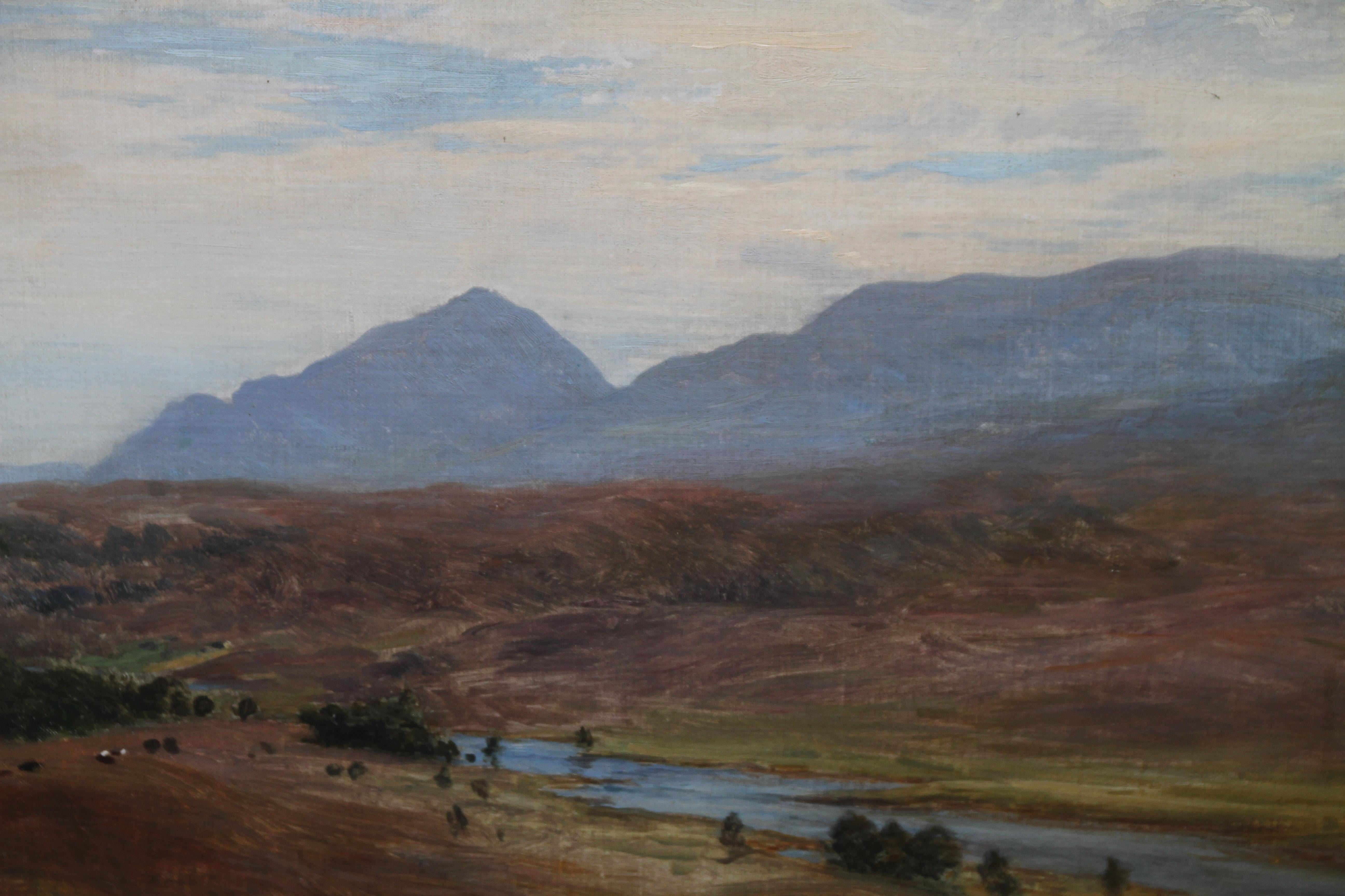 Ein großes, beeindruckendes originales viktorianisches Ölgemälde, das um 1890 von dem schottischen Künstler Joseph Farquharson RA gemalt wurde.  Diese romantische schottische Landschaftsansicht ist in gutem Zustand und in einem viktorianischen