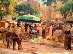 Óleo sobre lienzo impresionista francés, siglo XIX, de un mercado francés