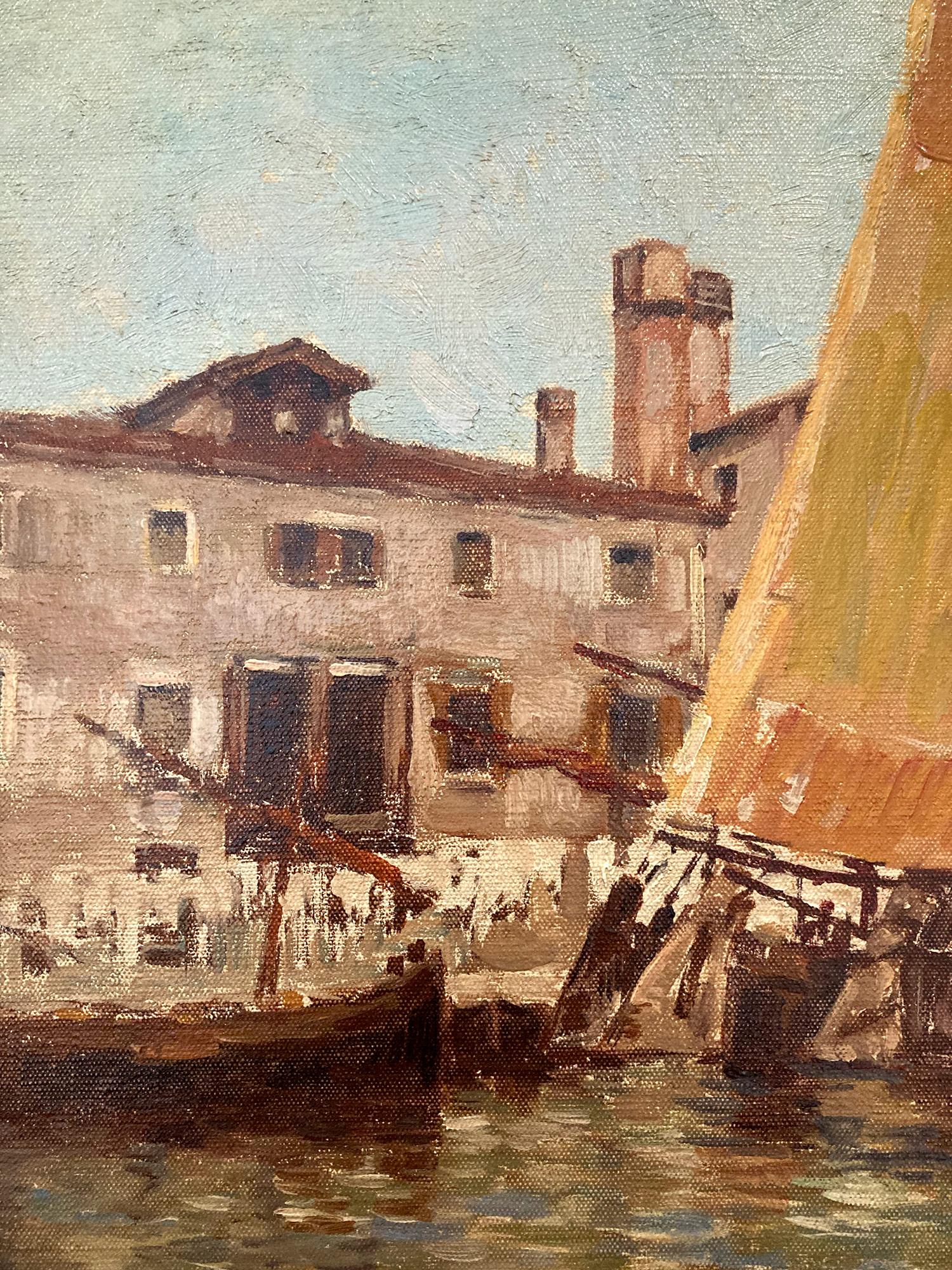 A beautiful oil on canvas painting by the French artist, Joseph Félix Bouchor of 'Chioggia' a seaside town in Italy also known as 'Little Venice'. Located at the south of Venice, Italy. Traversed by the Corso del Popolo thoroughfare, this charming