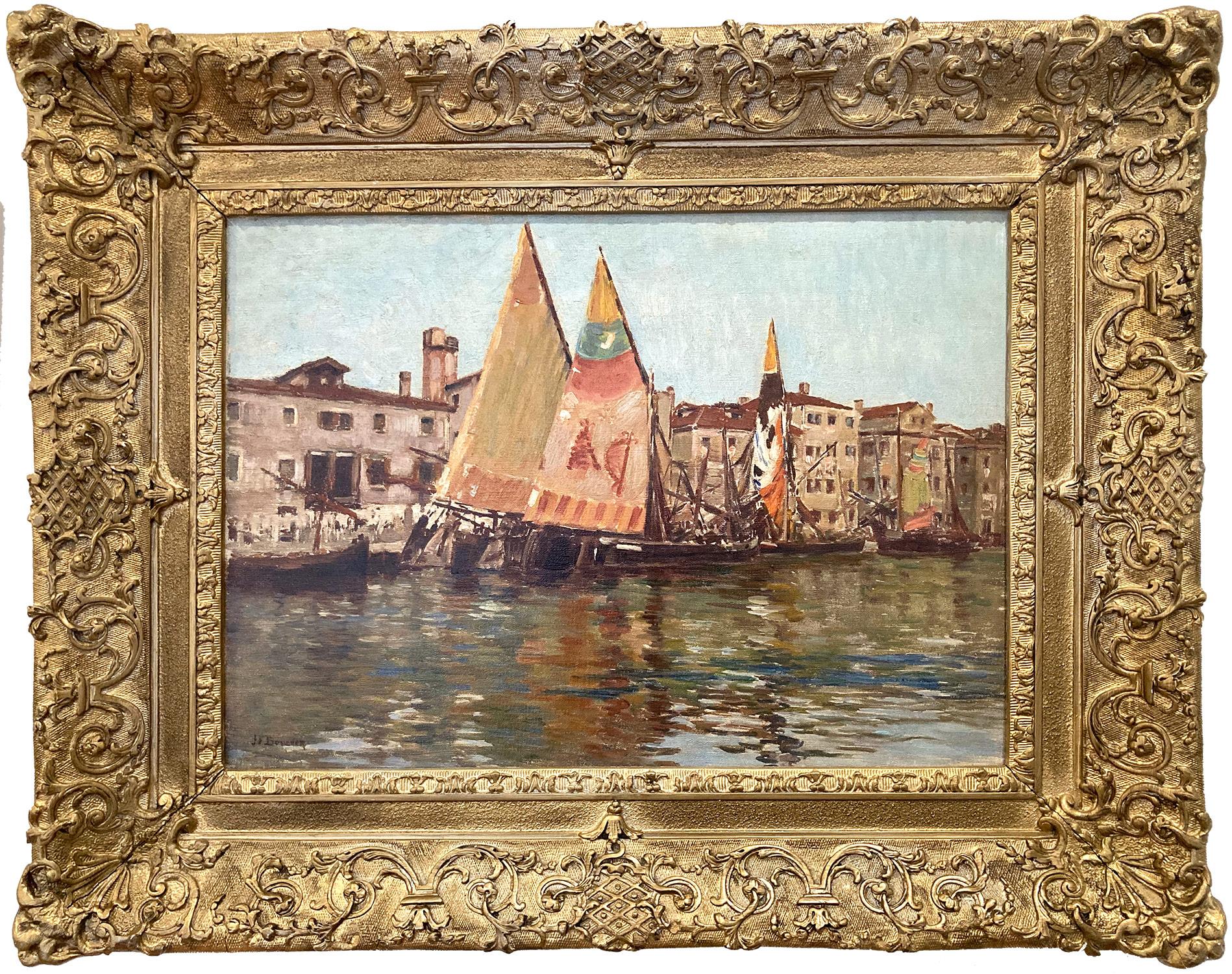 Joseph Félix Bouchor  Landscape Painting - "Les Péottes de Chioggia" Italian Boats Scene in Venice Oil Painting on Canvas