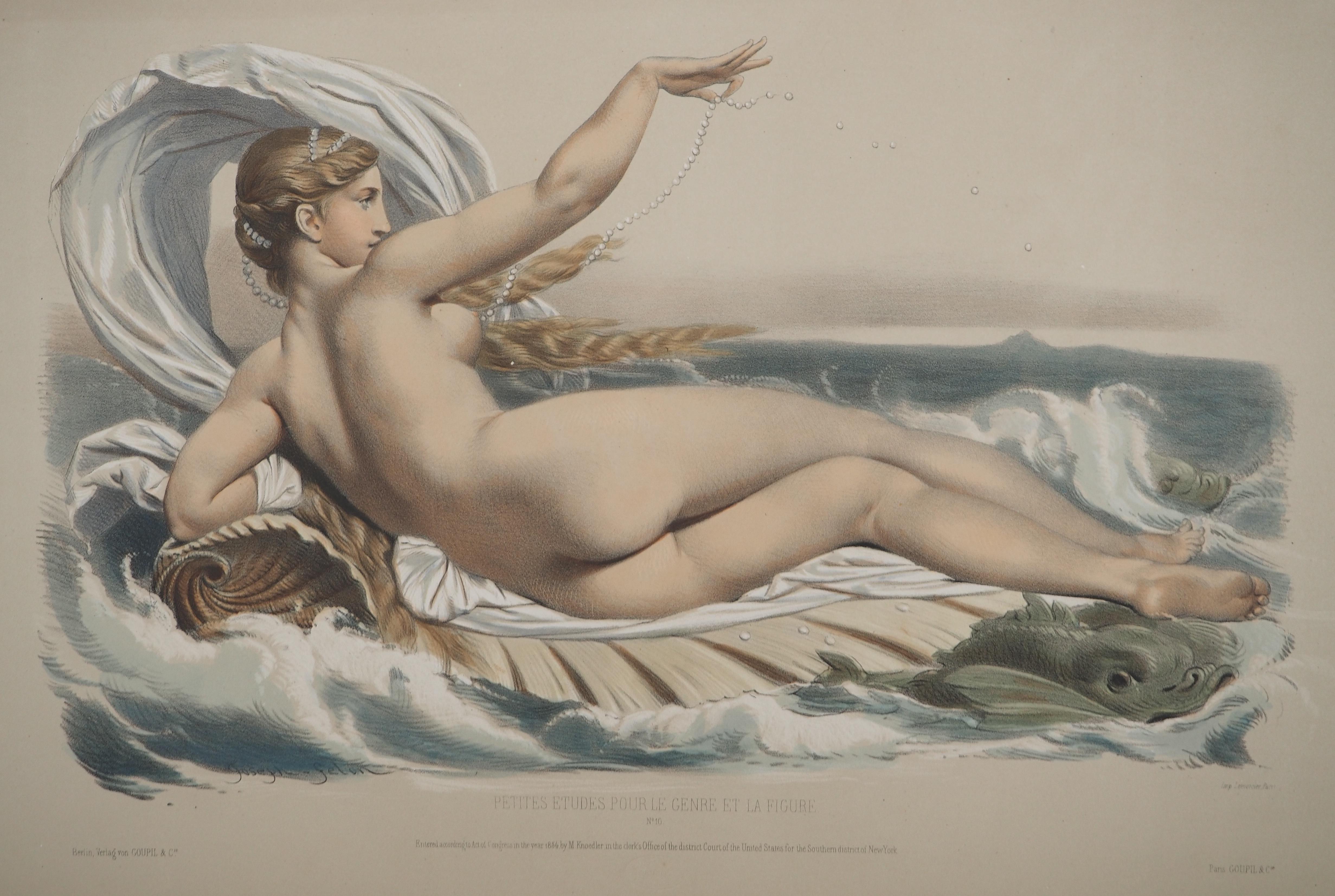 The Birth of Venus - Original lithograph and watercolor - Art Nouveau Print by Joseph Felon