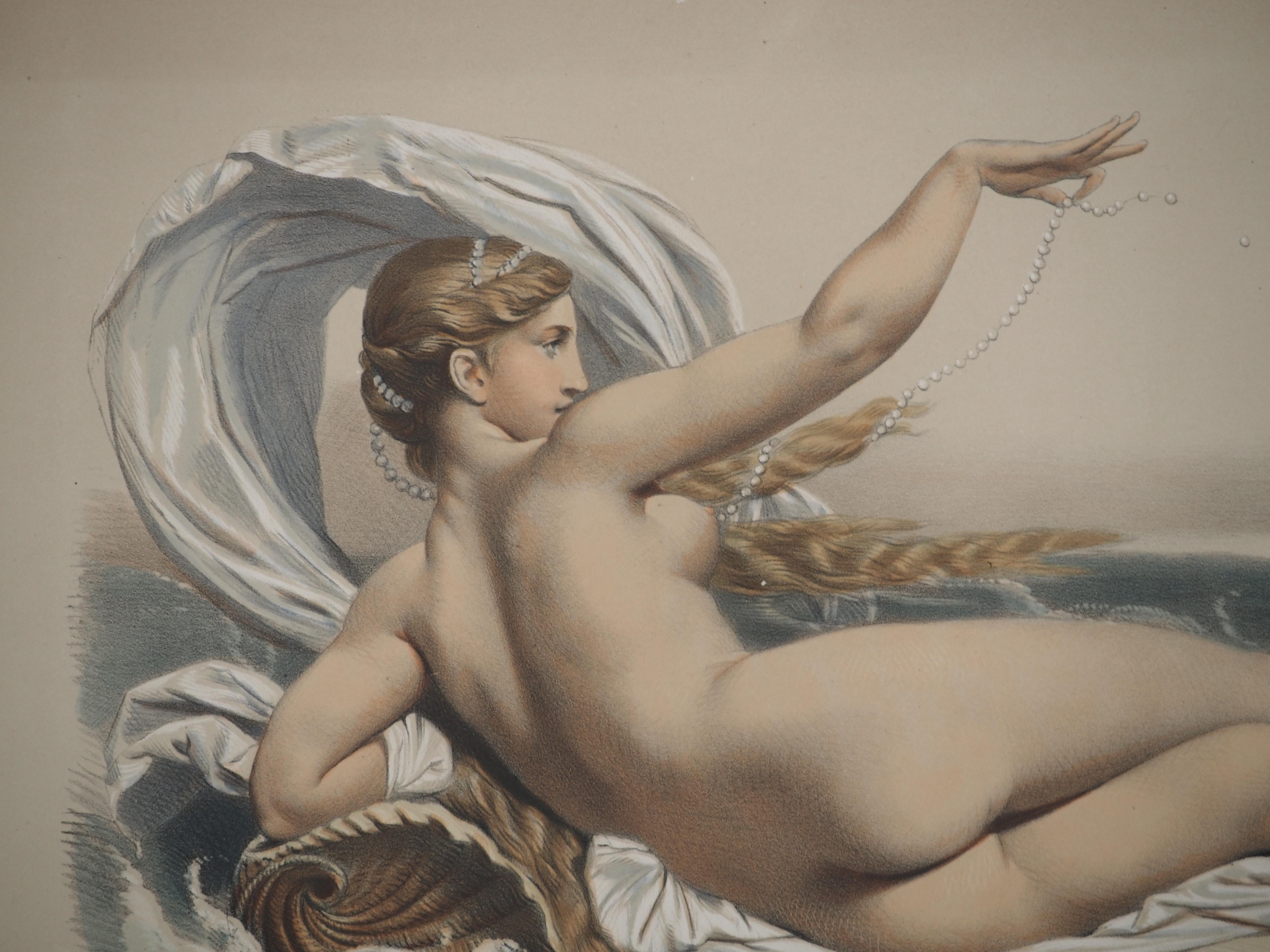 The Birth of Venus - Original lithograph and watercolor - Brown Nude Print by Joseph Felon