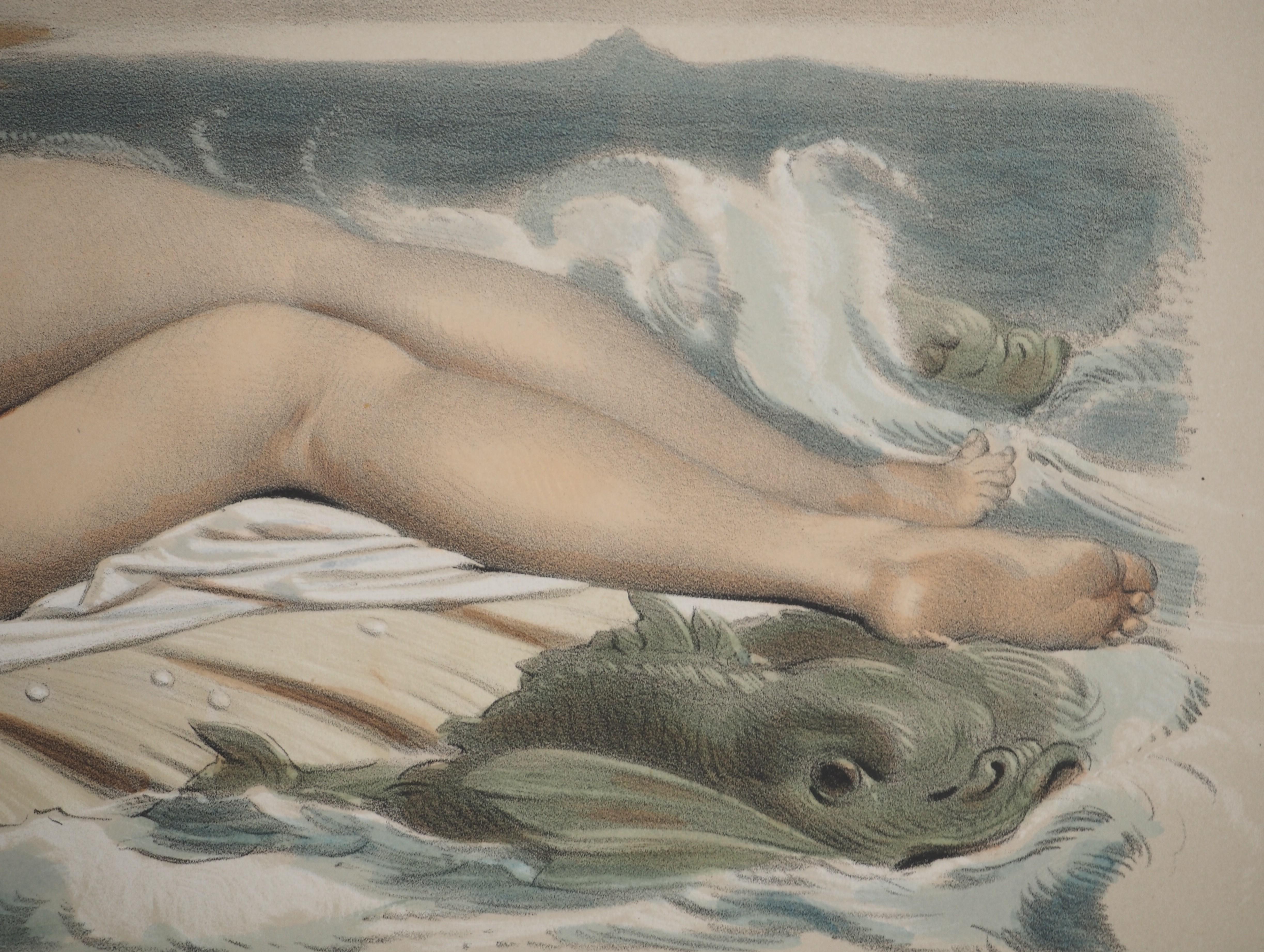 Joseph FELON (1818 - 1897)
The Birth of Venus

Original stone lithograph, enhanced with watercolor
Printed signature in the plate
On paper 33 x 50 cm (c. 12.9 x 19.6 inch)

Very good condition, small defects at the edge of the sheet