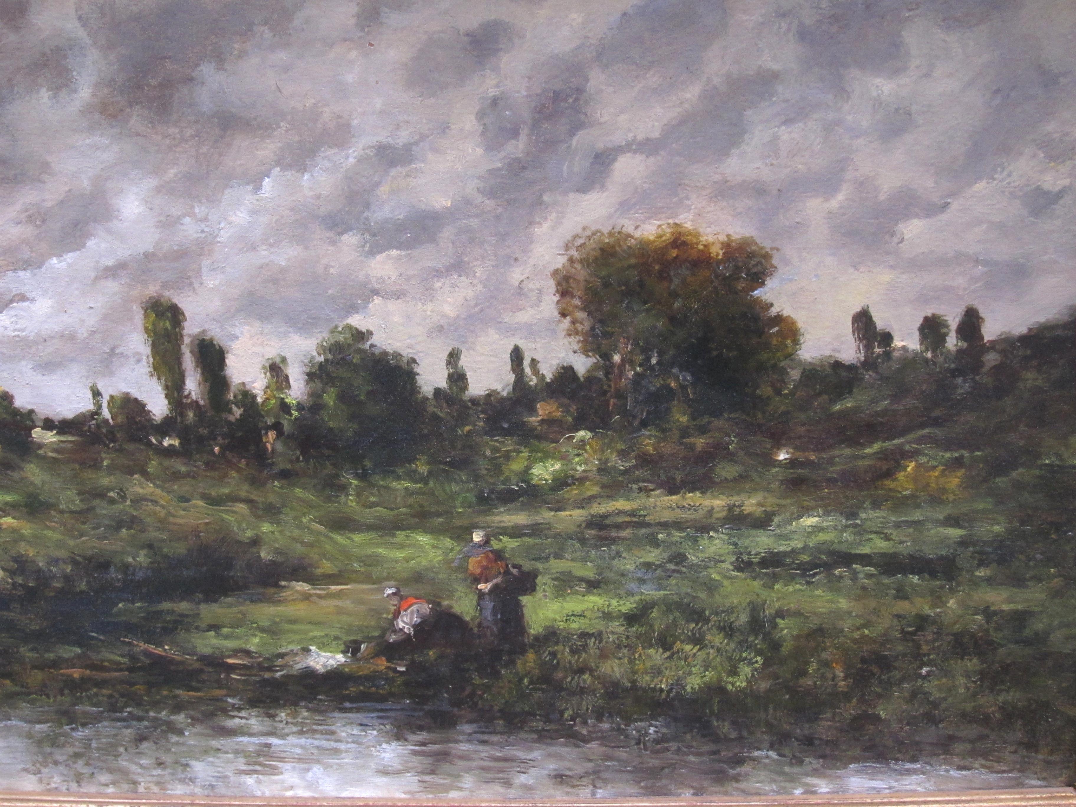 Washerwomen at the edges of the pool before the storm, oil on panel, signed Joseph Foxcroft Cole (1837-1892).
American School XIXth century.

Our painting is directly inspired by the movement of the Barbizon School.

Joseph Foxcroft Cole began his