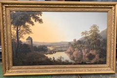 Extensive 19thC English landscape with cows, sheep houses and a man on a pathway