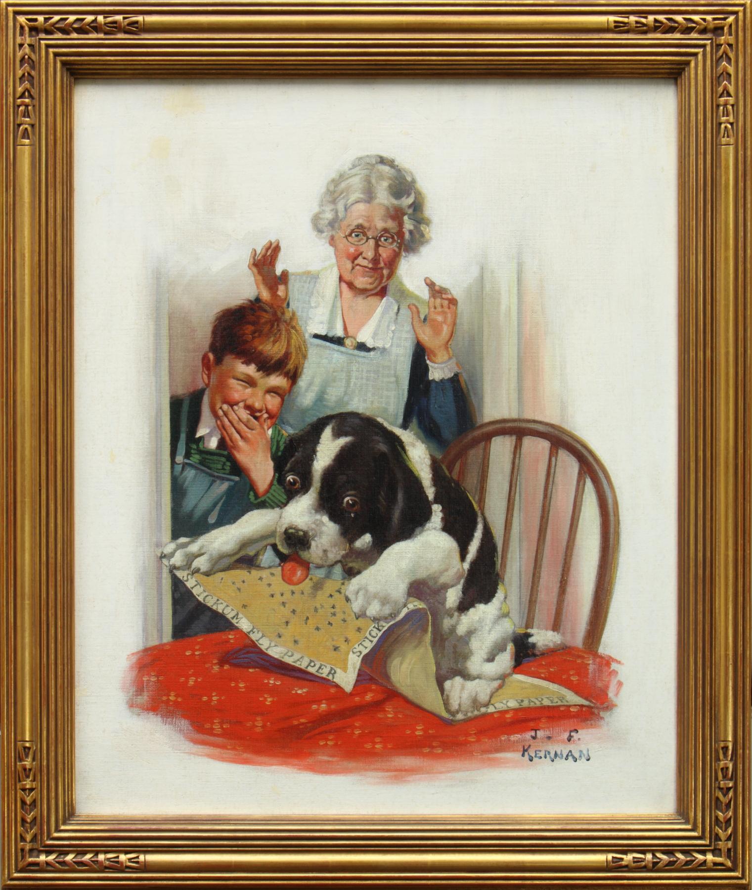Grandma, Boy & Dog - Painting by Joseph Francis Kernan